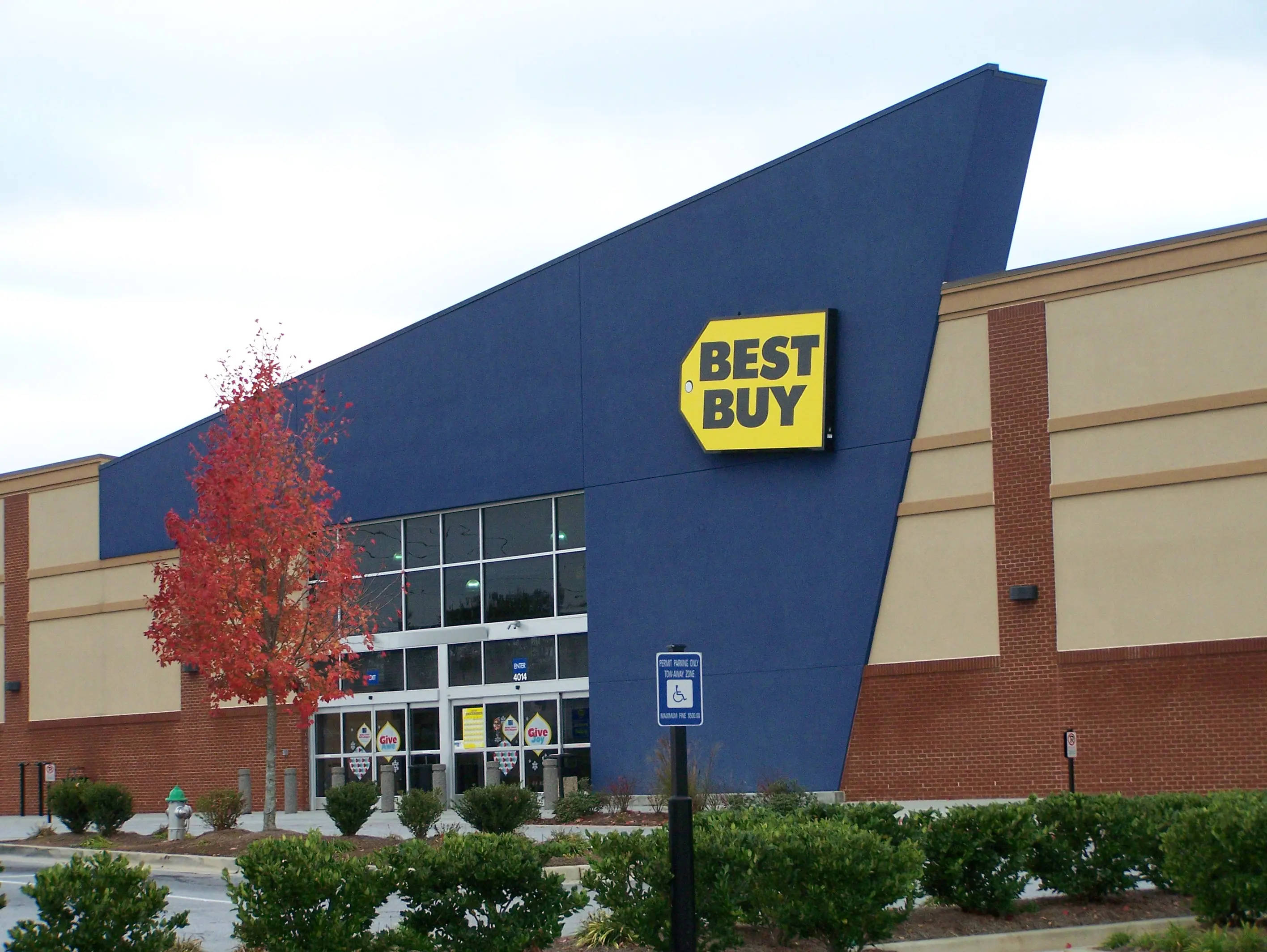 Best Buy, blue facade, vibrant red autumn tree, 2K Desktop Wallpaper
