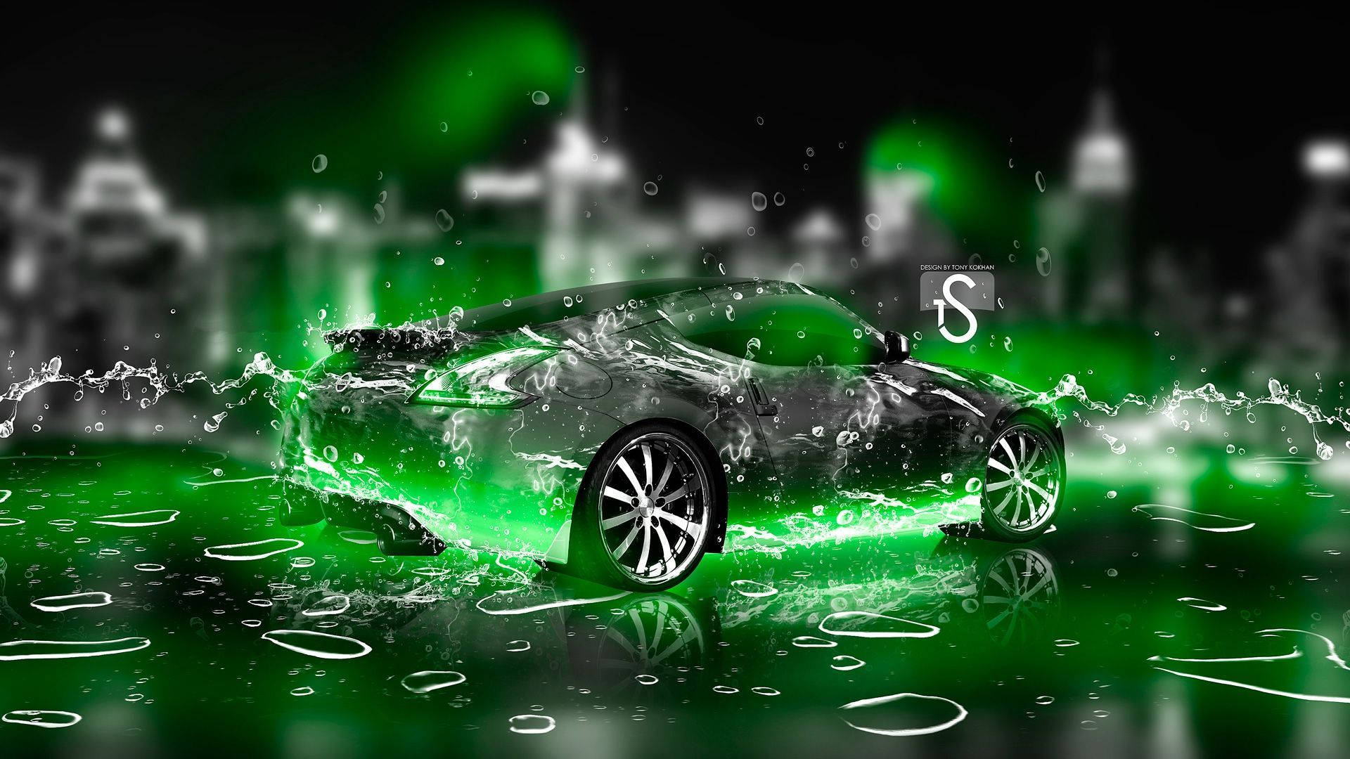 sleek black sports car, neon green water, blurred city skyline, Full HD Desktop Wallpaper
