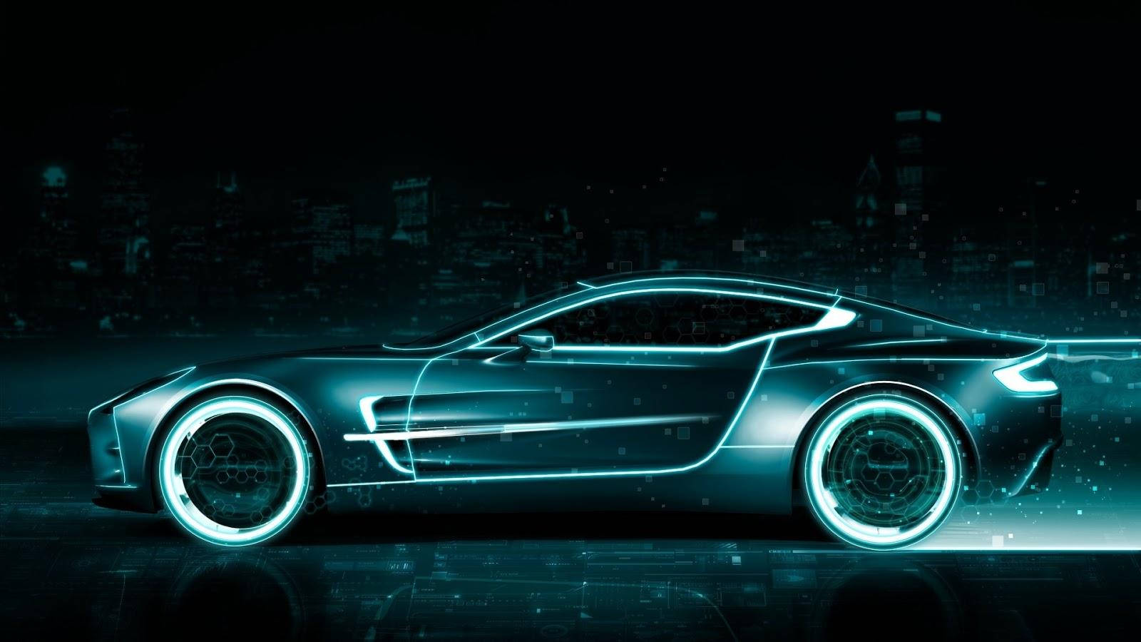 futuristic sports car, neon blue lines, dark cityscape, HD Desktop Wallpaper