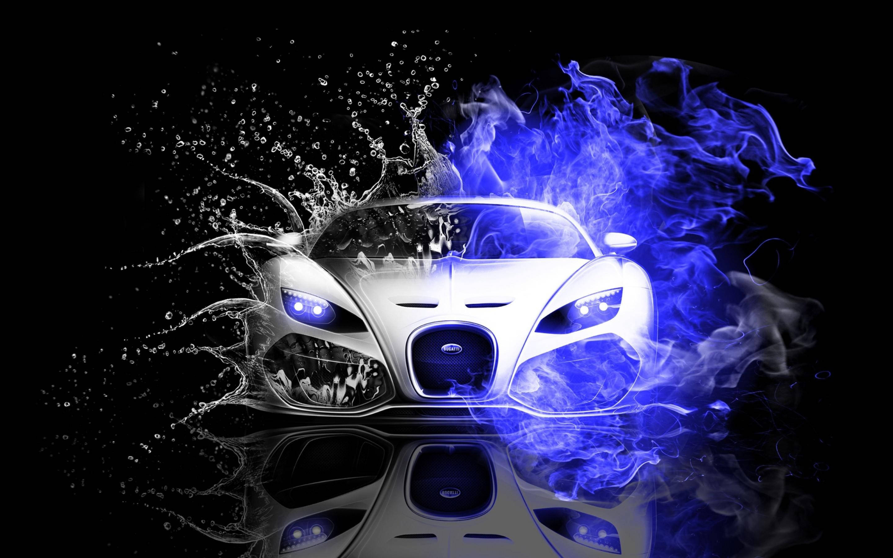 white Bugatti supercar, electric blue flames, water splashes, 2K Desktop Wallpaper
