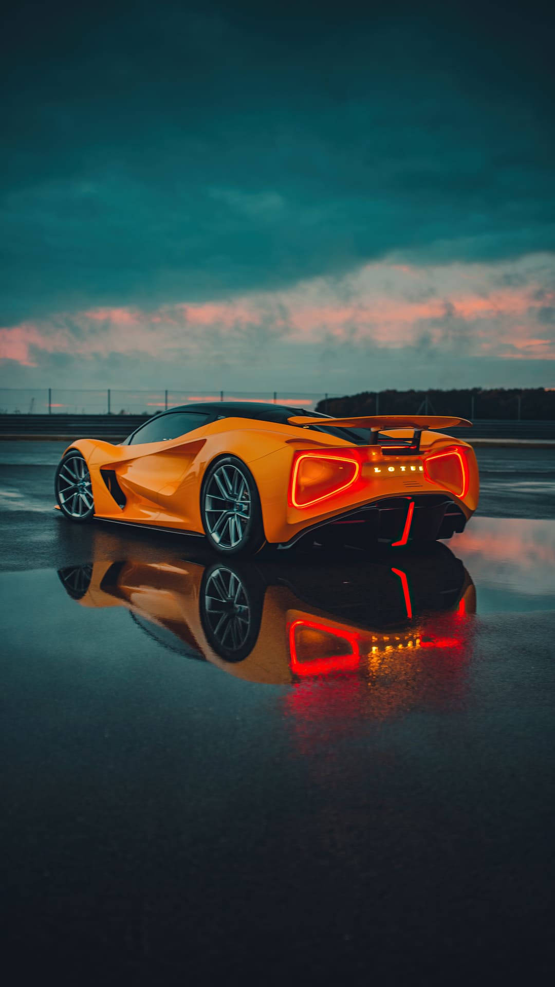 futuristic orange car, glowing red taillights, wet asphalt, Full HD Phone Wallpaper