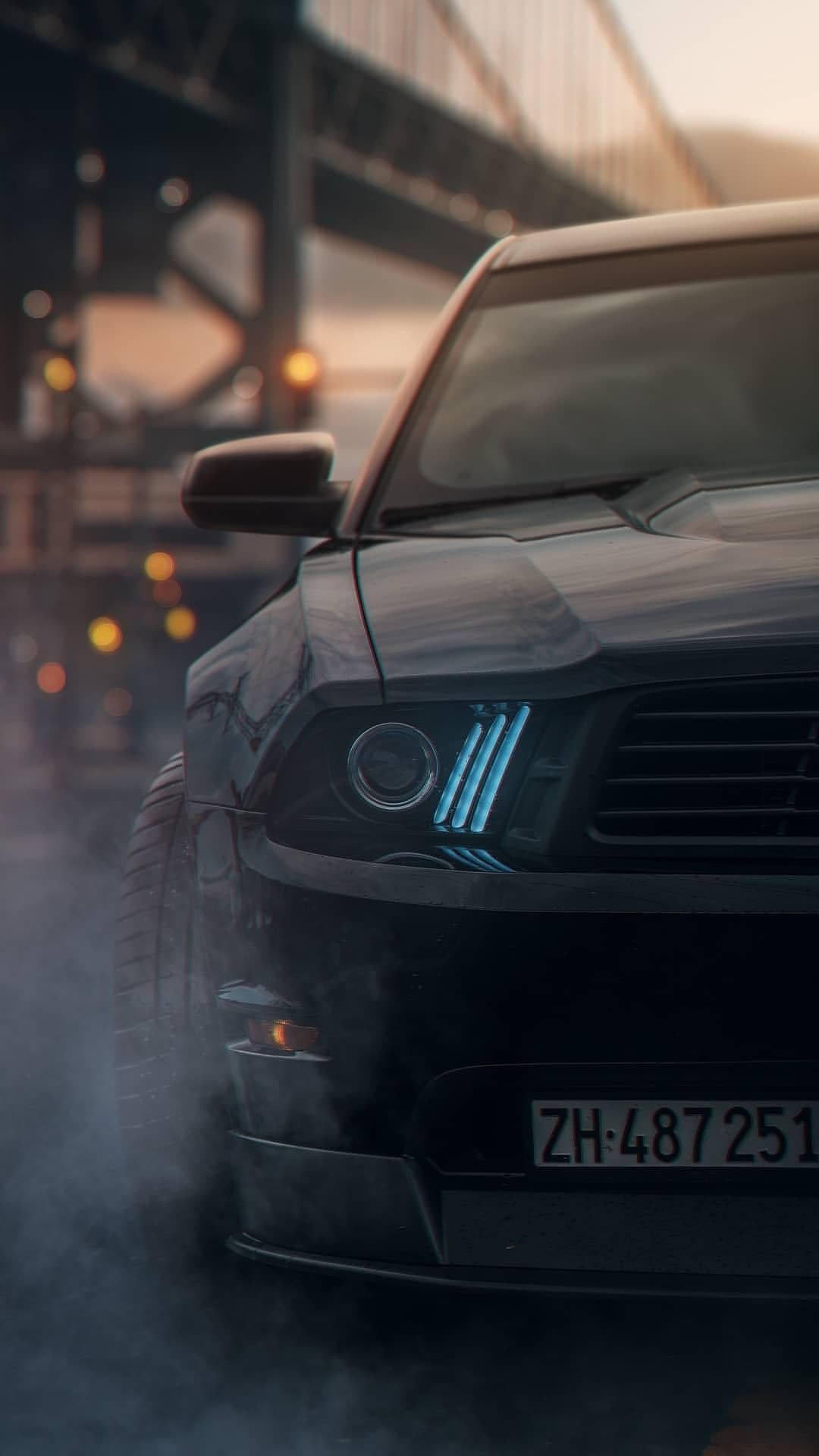 black mustang, glowing blue headlights, smoky urban twilight, Full HD Phone Wallpaper