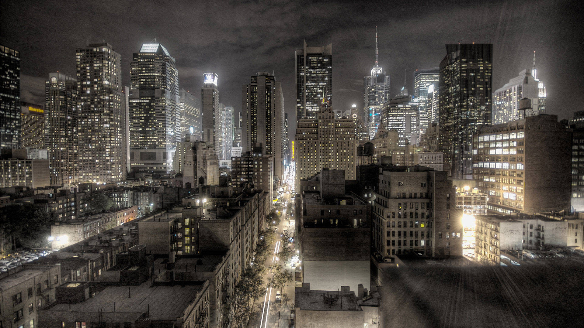 gray buildings, night view, urban skyline, Full HD Desktop Wallpaper