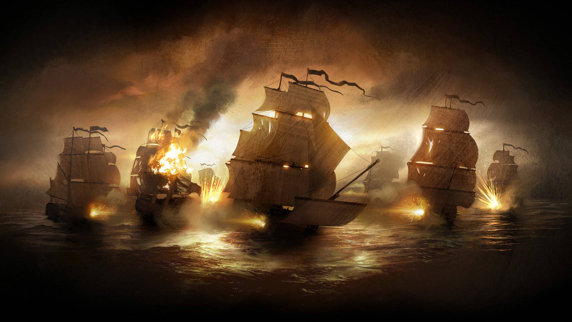 pirate ship, fire, naval battle, Full HD Desktop Wallpaper