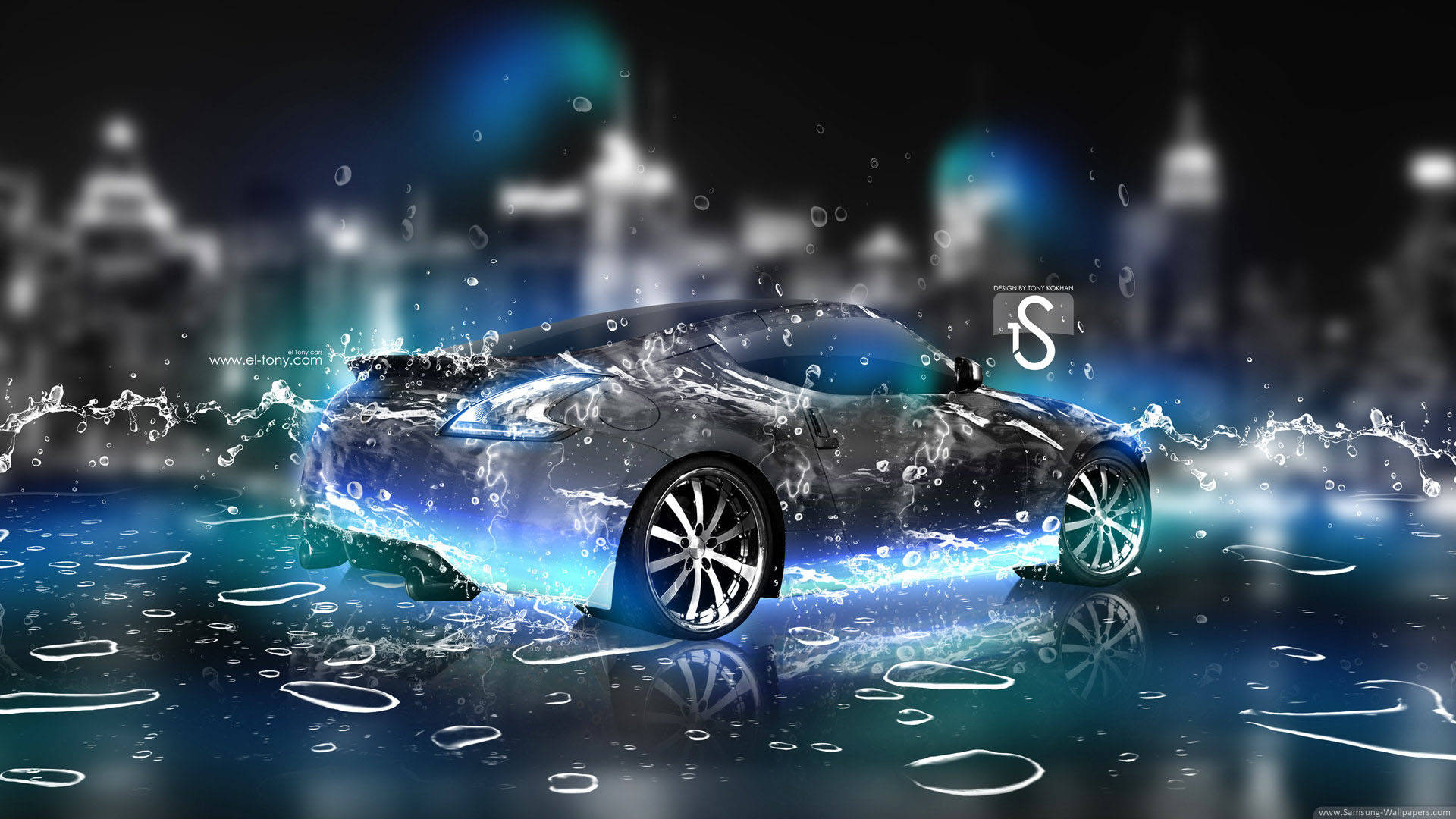 sports car, glowing blue water, blurred city skyline, Full HD Desktop Wallpaper