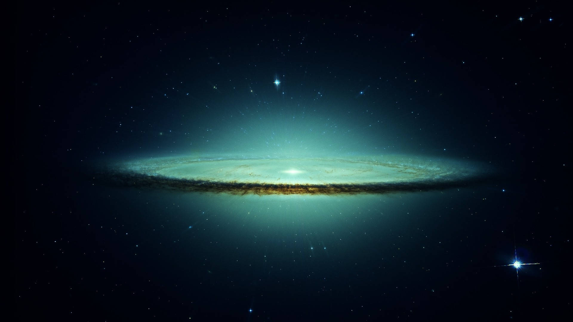 glowing spiral galaxy, turquoise arms, golden dust band, Full HD Desktop Wallpaper