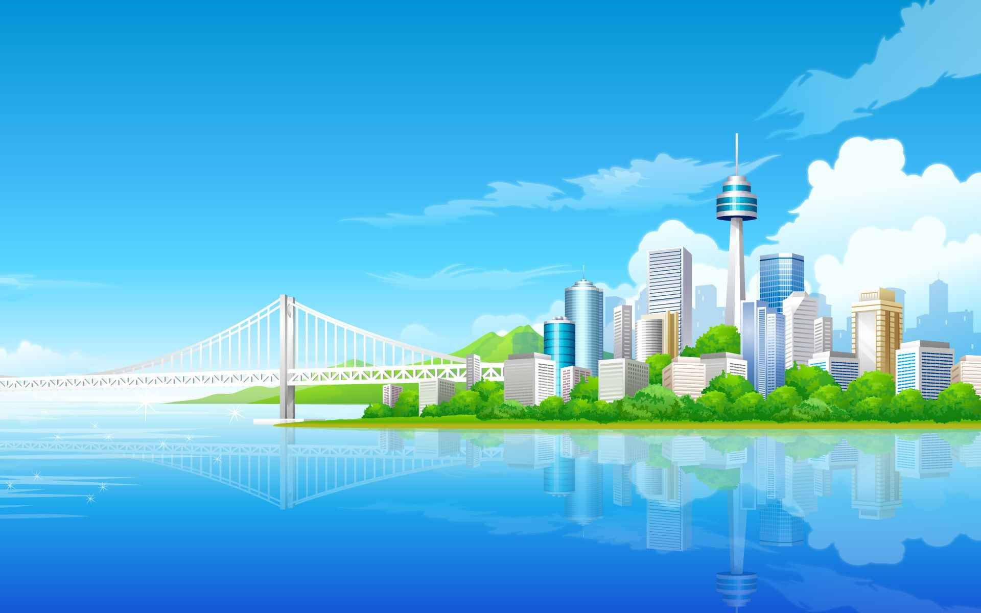 blue sky, buildings, suspension bridge, Full HD Desktop Wallpaper
