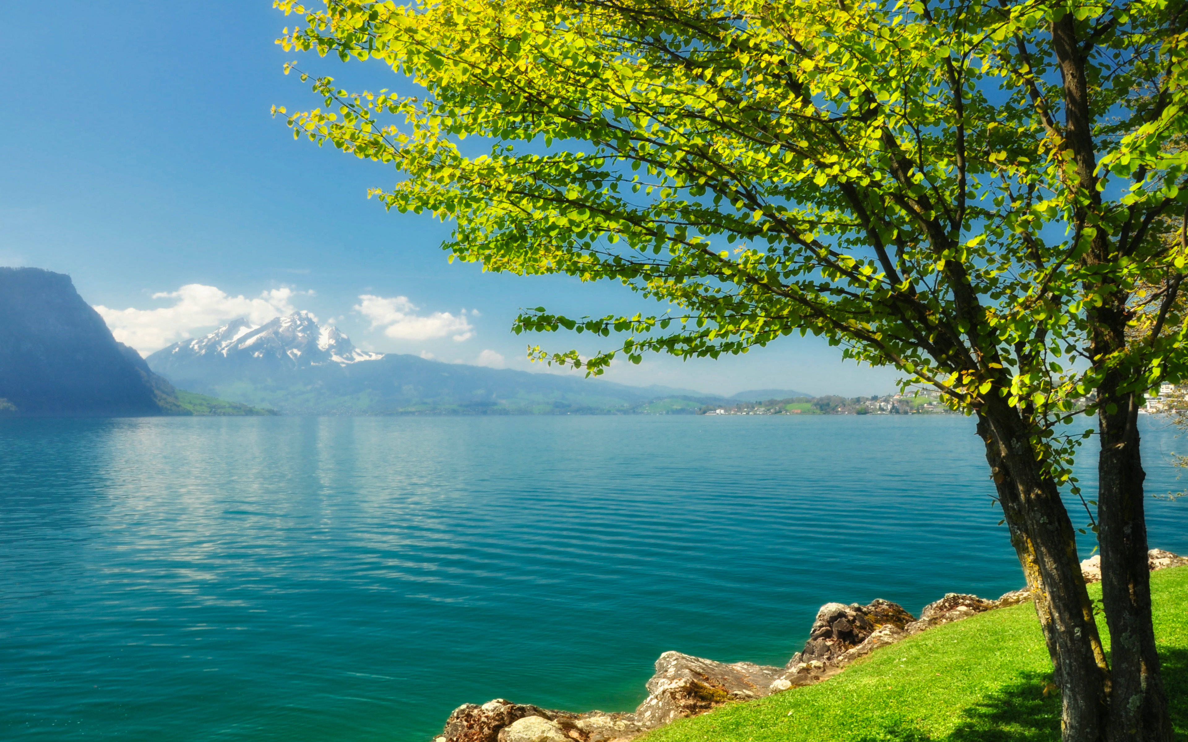 blue ocean, turquoise lake, snow-capped mountains, 4K Desktop Wallpaper