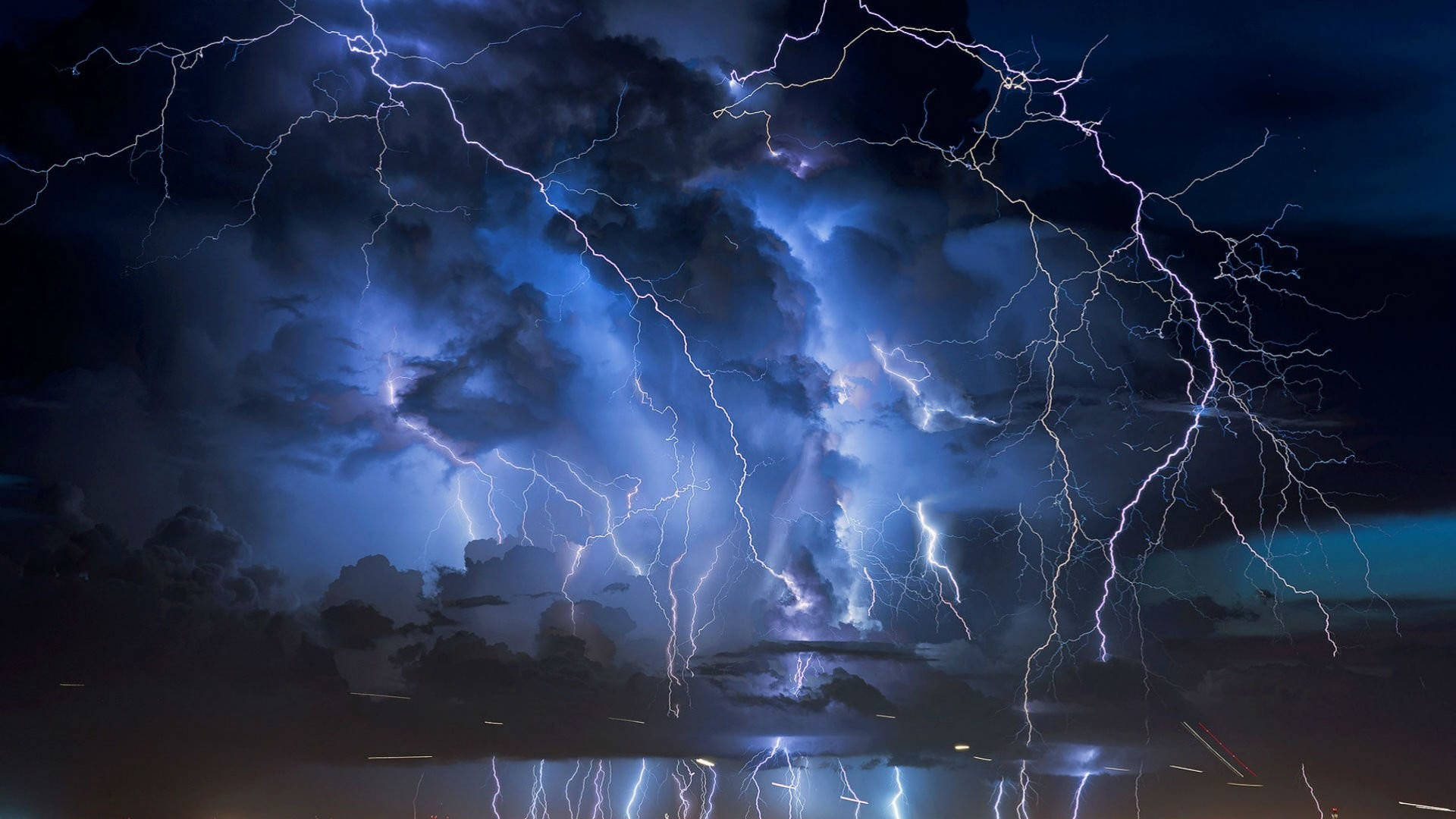 Thunderstorm, Stormy night sky, Lightning bolts, Full HD Desktop Wallpaper