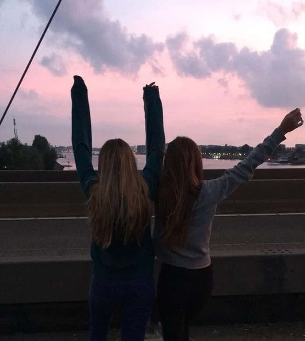 best friend aesthetic, pink and purple twilight sky, bridge, SD Phone Wallpaper