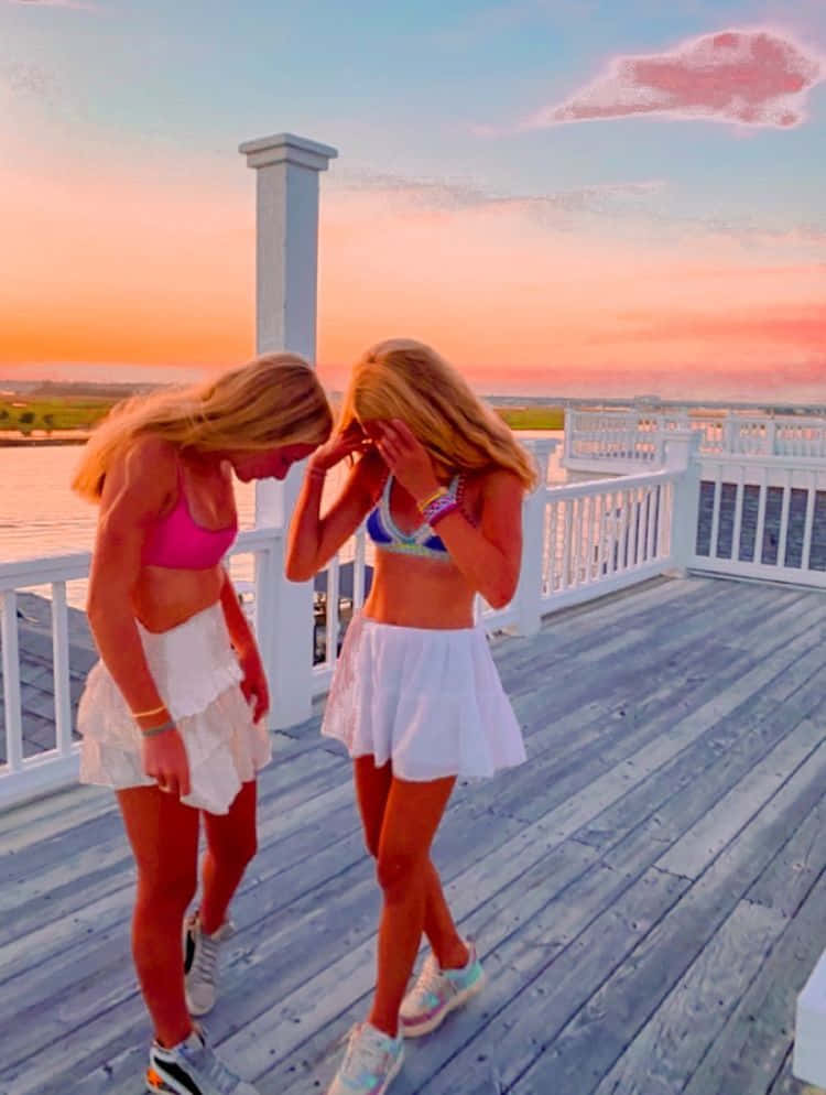best friend aesthetic, sunset, wooden pier, SD Phone Wallpaper