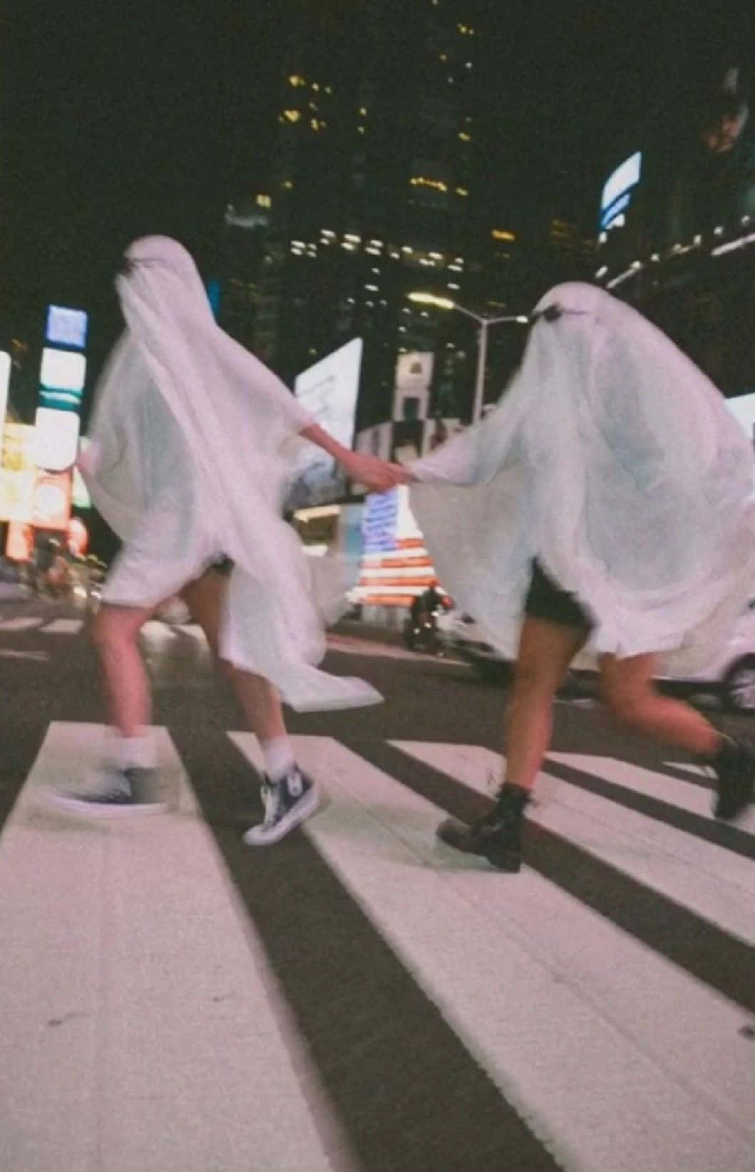 Best Friend Aesthetic, white ghost costumes, neon-lit city street, HD Phone Wallpaper
