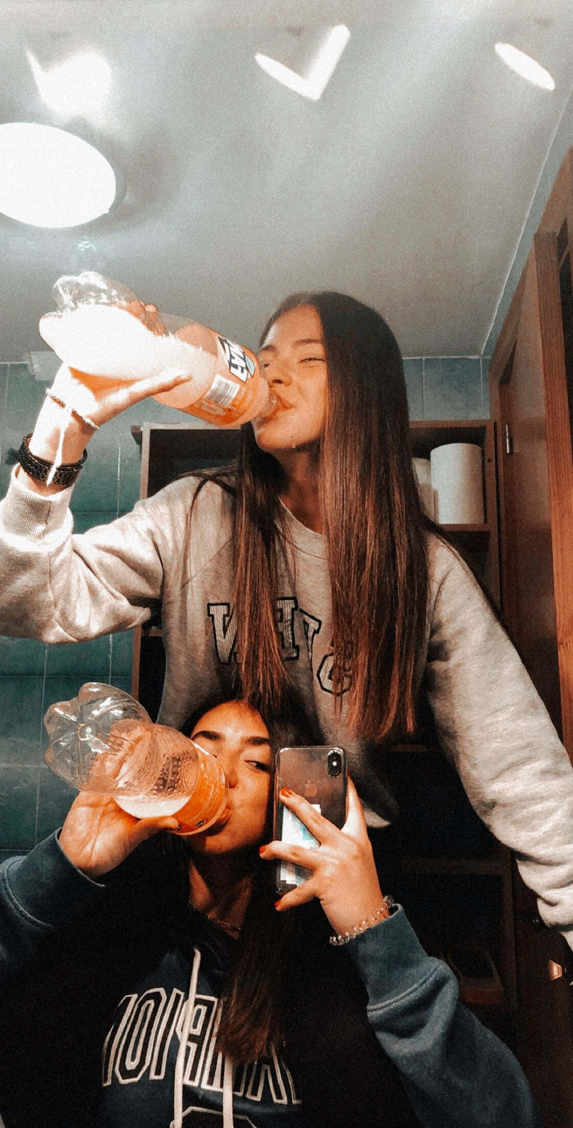 bathroom mirror selfie, two young women, plastic bottles, Full HD Phone Wallpaper