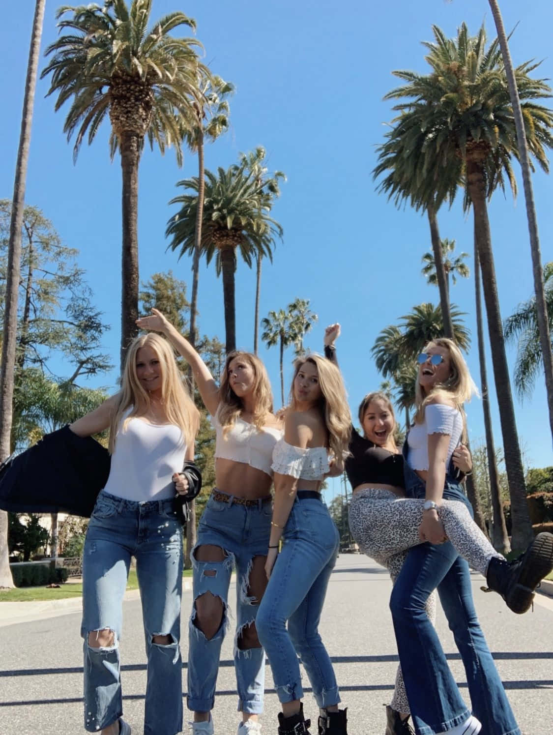 five young women, ripped jeans, crop tops, HD Phone Wallpaper