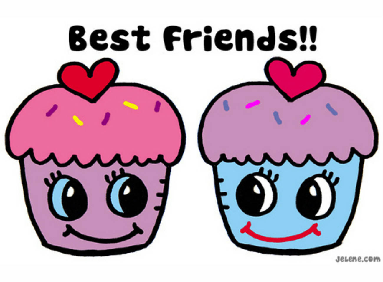 Best Friends!!, cartoon cupcakes, hearts, HD Desktop Wallpaper
