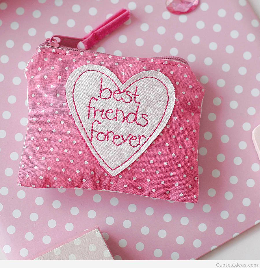pink polka-dotted fabric pouch, white heart stitched with 'best friends forever', pink background, SD Phone Wallpaper