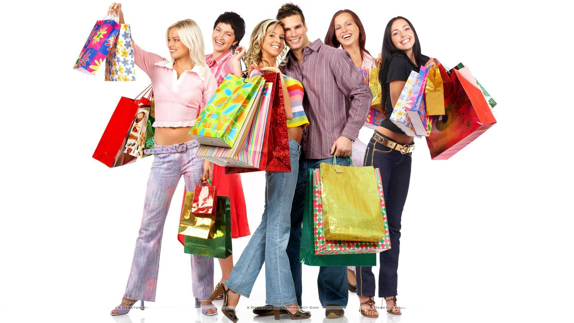 Best Friends Shopping, six young adults, colorful shopping bags, Full HD Desktop Wallpaper