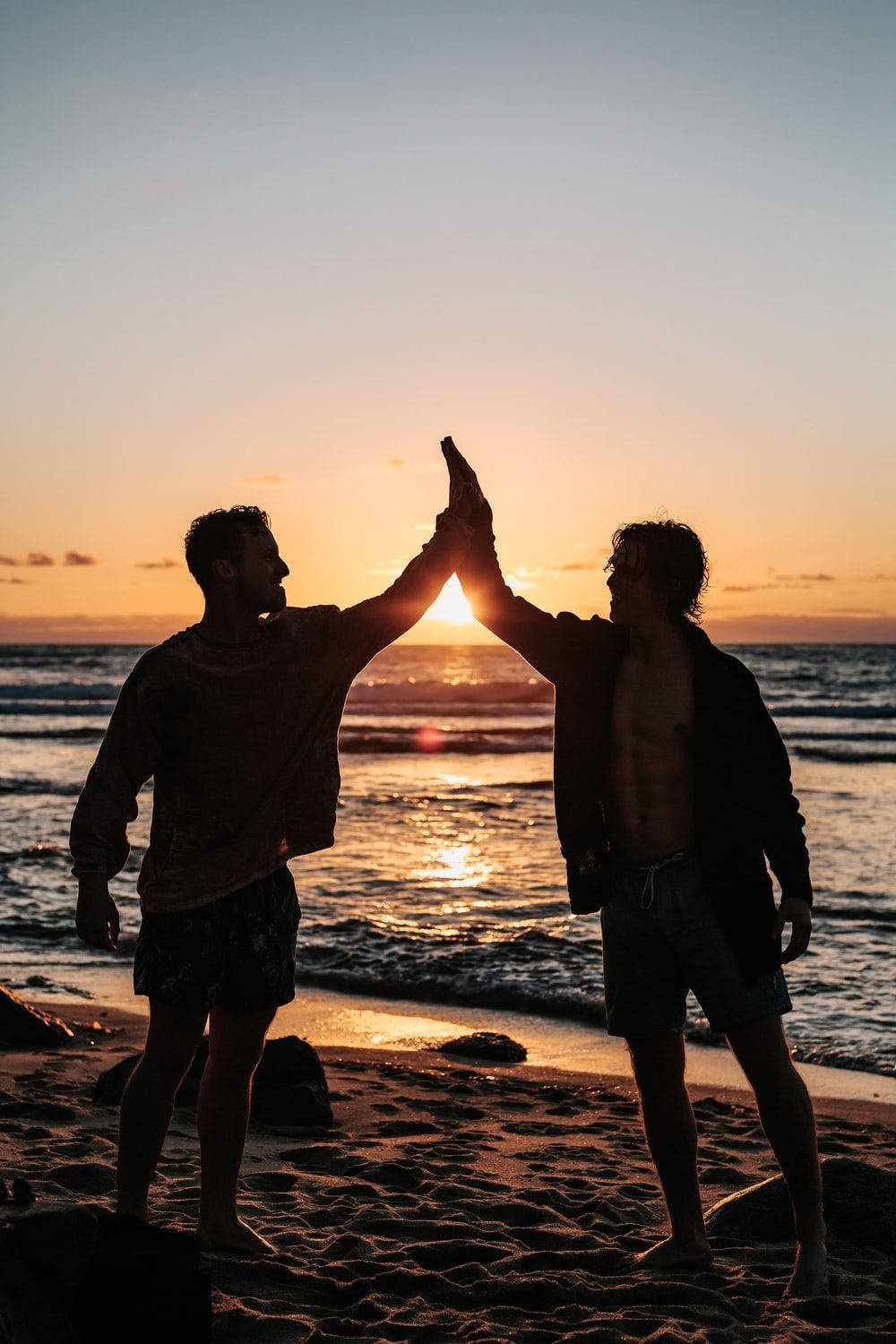 beach, sunset, high five, HD Phone Wallpaper