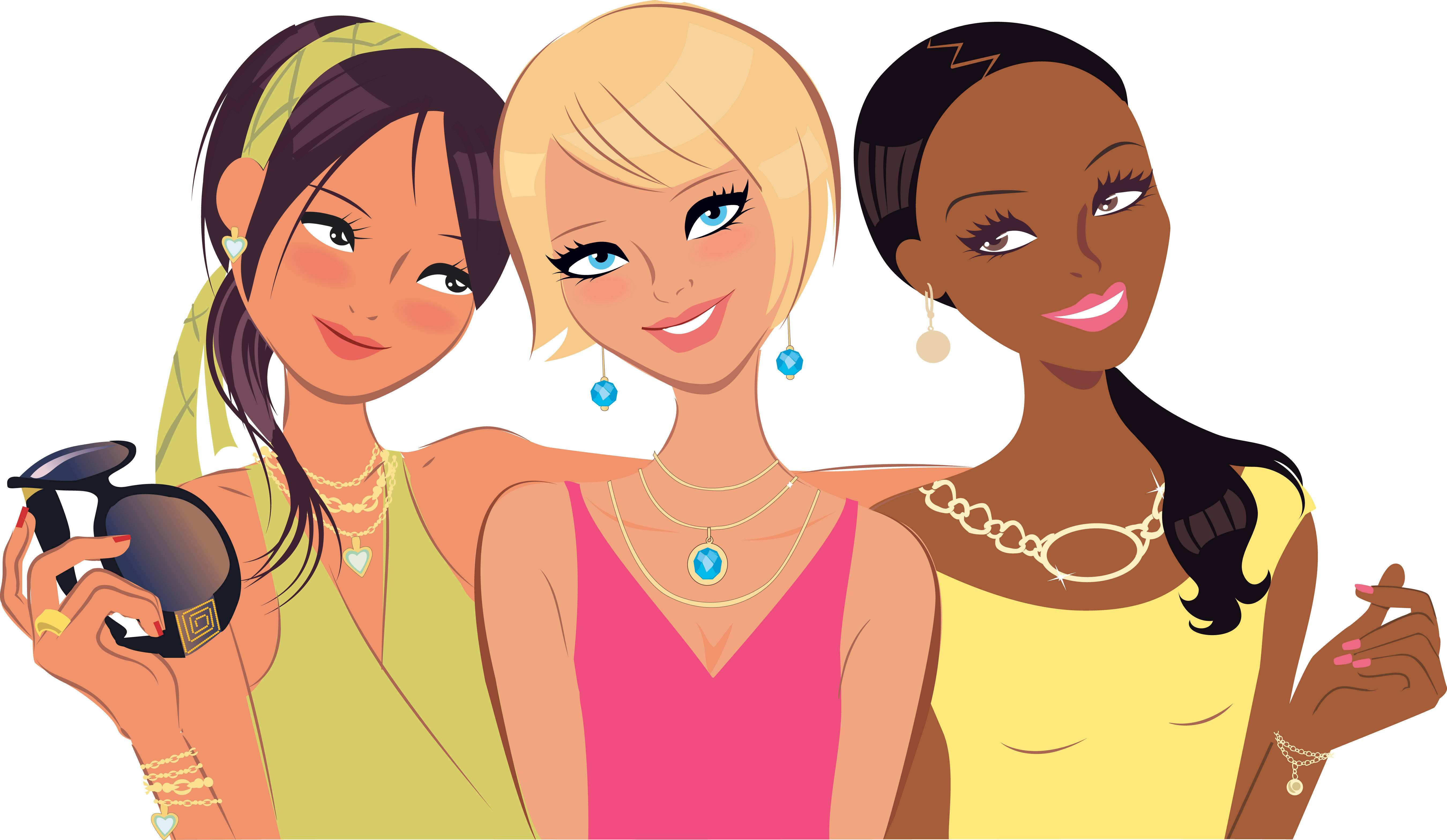 Three Fabulous Cartoon Best Friends, vibrant dresses, jewelry, 5K Desktop Wallpaper