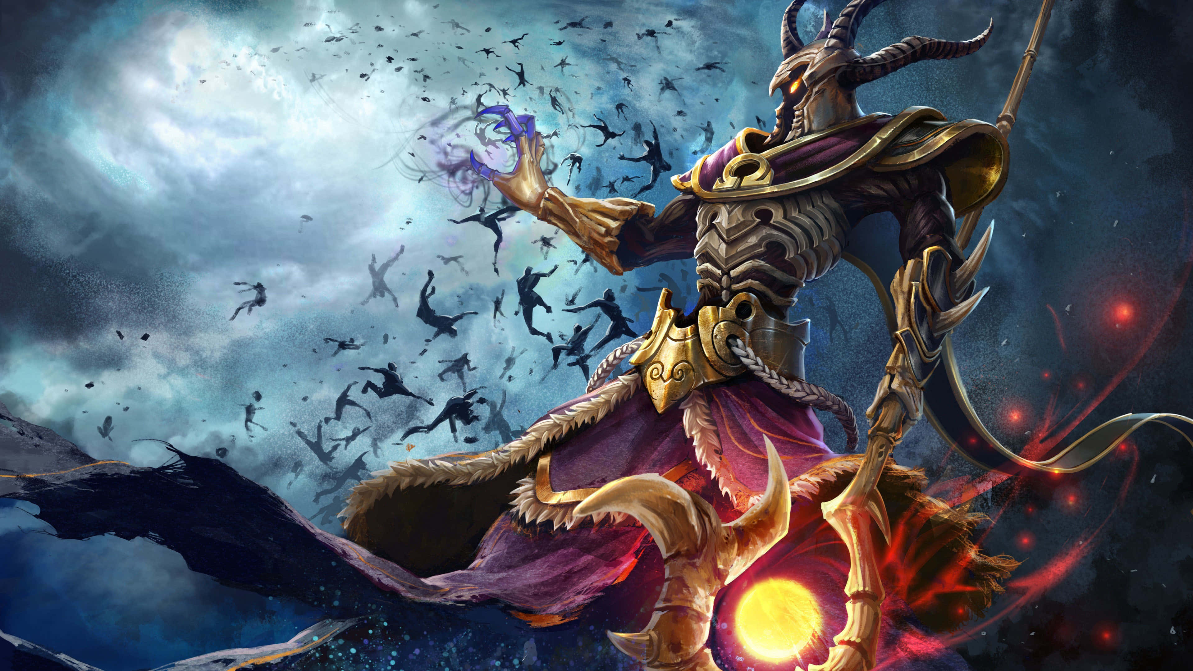 skeletal demon, golden armor, purple cloak, 4K Desktop Wallpaper