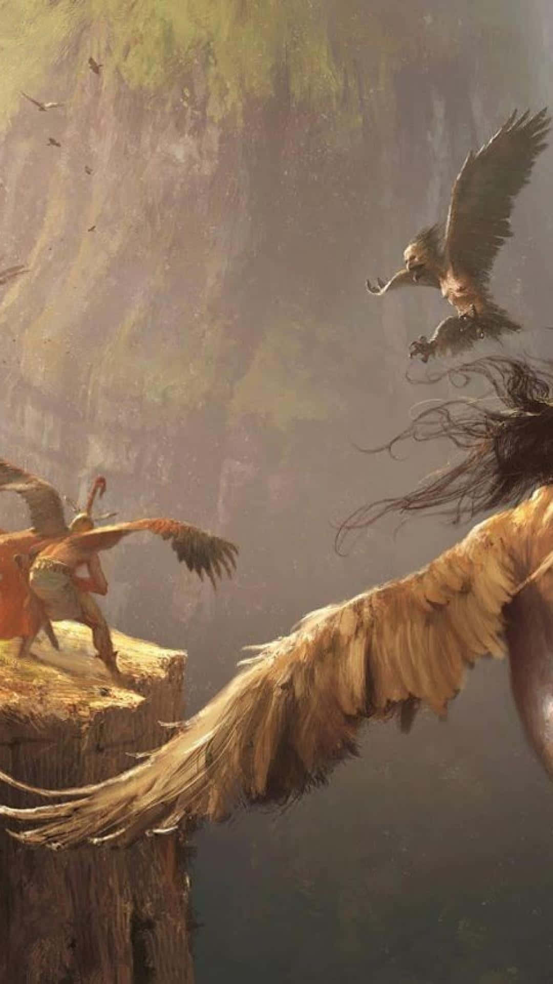 griffin, winged figures, cliffside, Full HD Phone Wallpaper