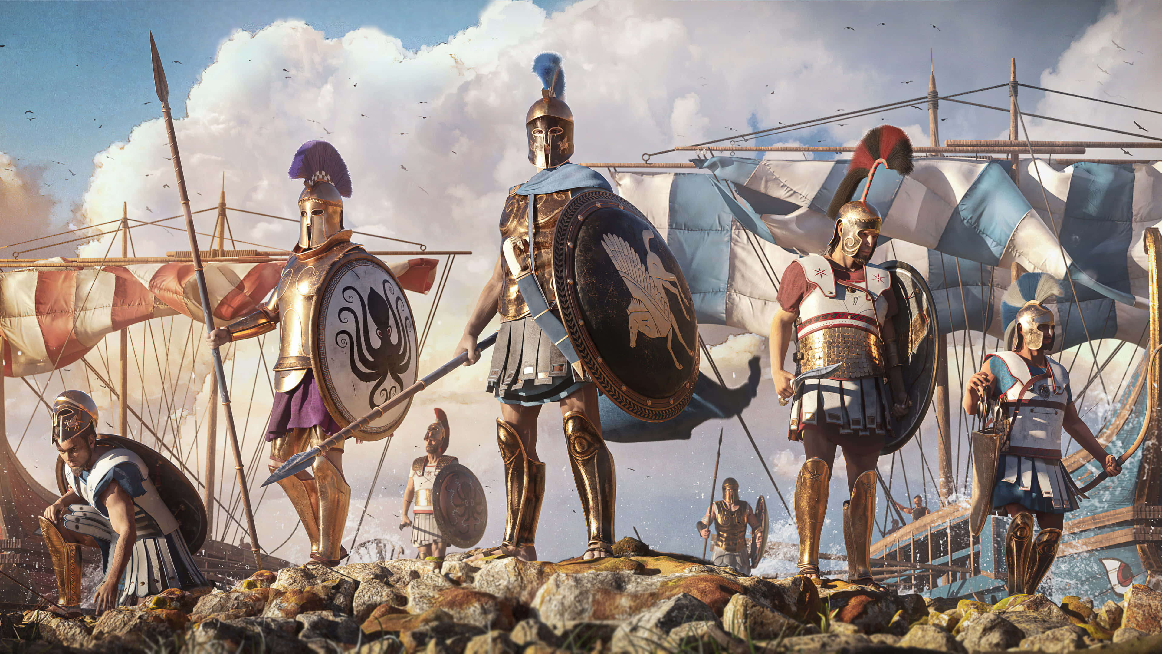Ancient Greek warriors, golden armor, rocky shores, 4K Desktop Wallpaper