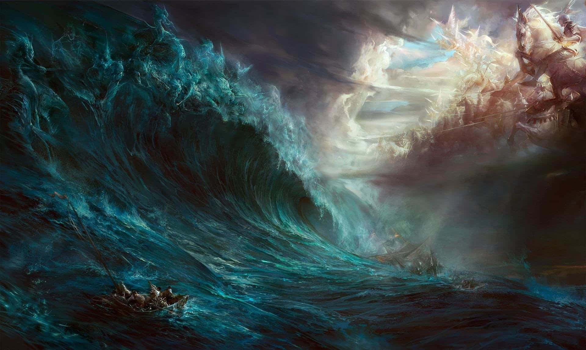 Stormy Ocean Painting, colossal teal wave, divine warriors on horseback, Full HD Desktop Wallpaper