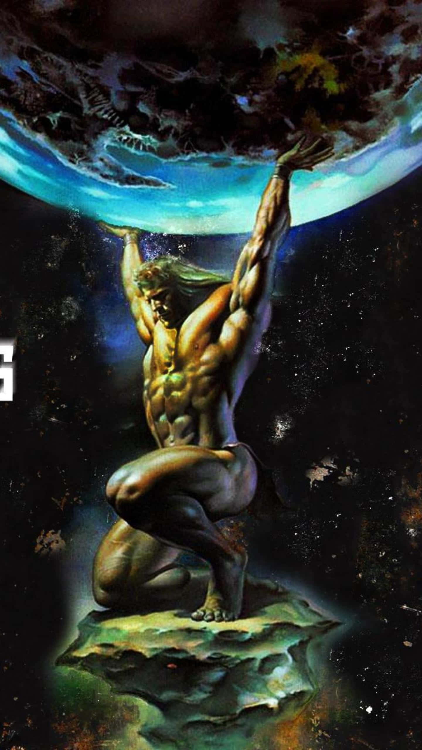 muscular titan, floating rock, glowing blue celestial dome, 2K Phone Wallpaper