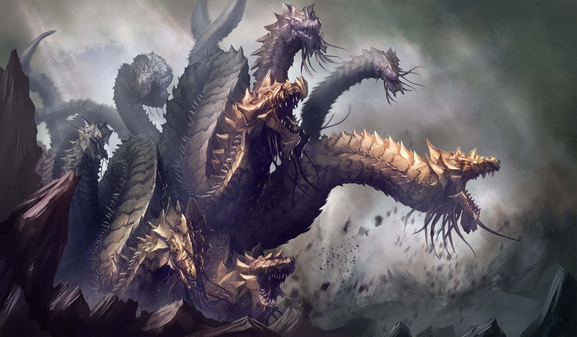 Greek Mythology, colossal multi-headed dragon, spiked scales, Full HD Desktop Wallpaper