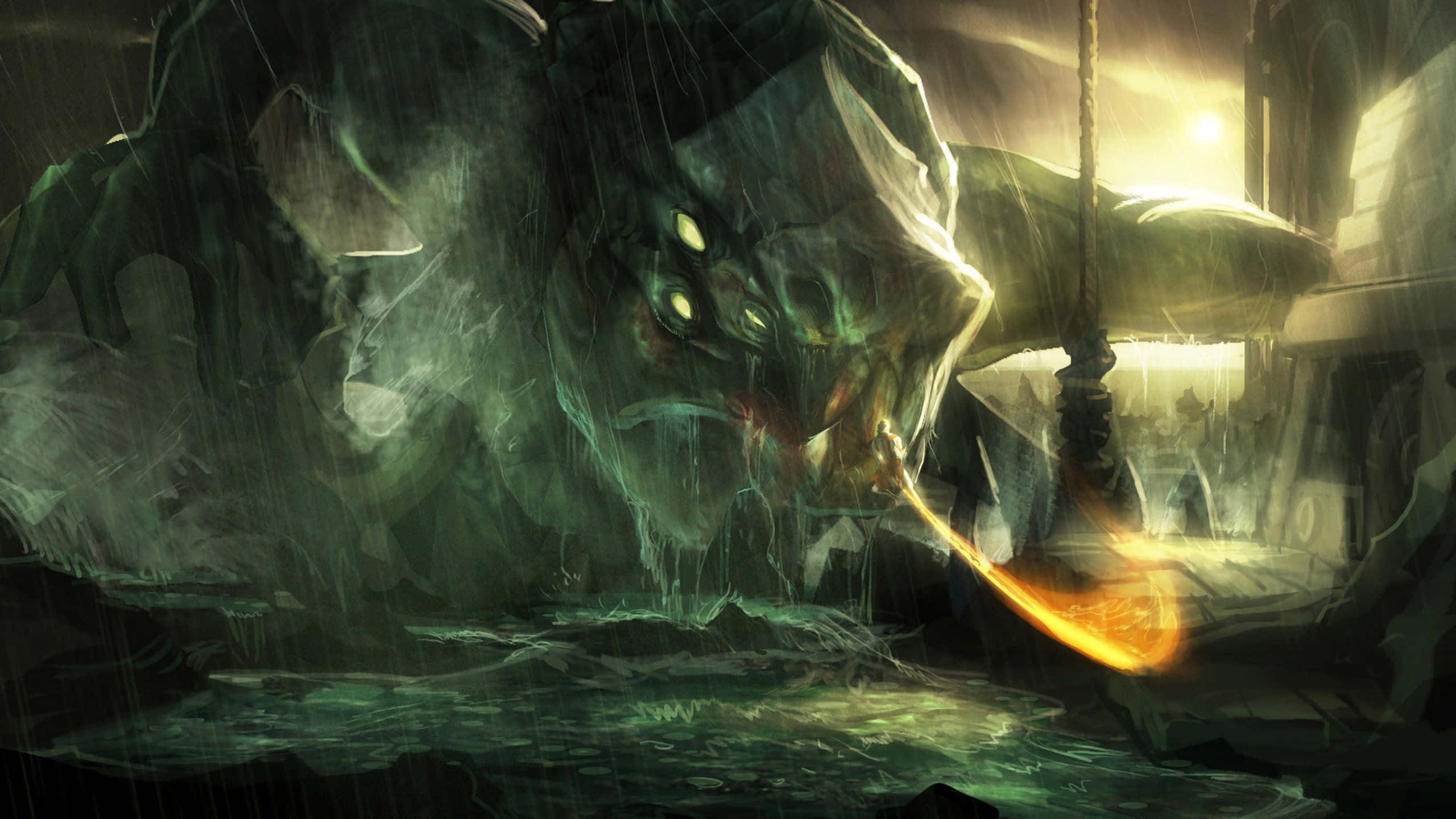 Greek Mythology, water monster, glowing eyes, 2K Desktop Wallpaper