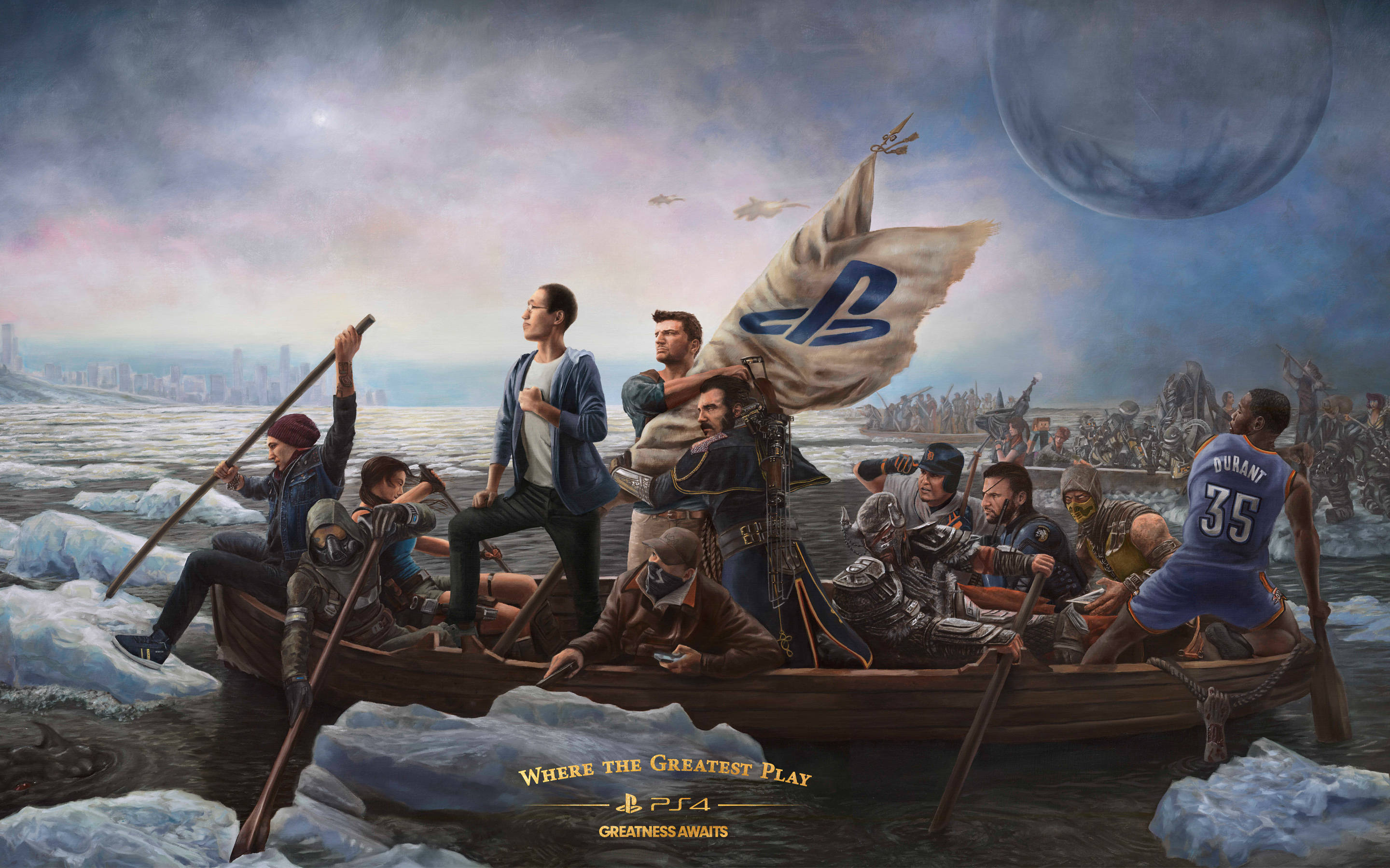 PS4, PS4 logo flag, wooden boat, 2K Desktop Wallpaper
