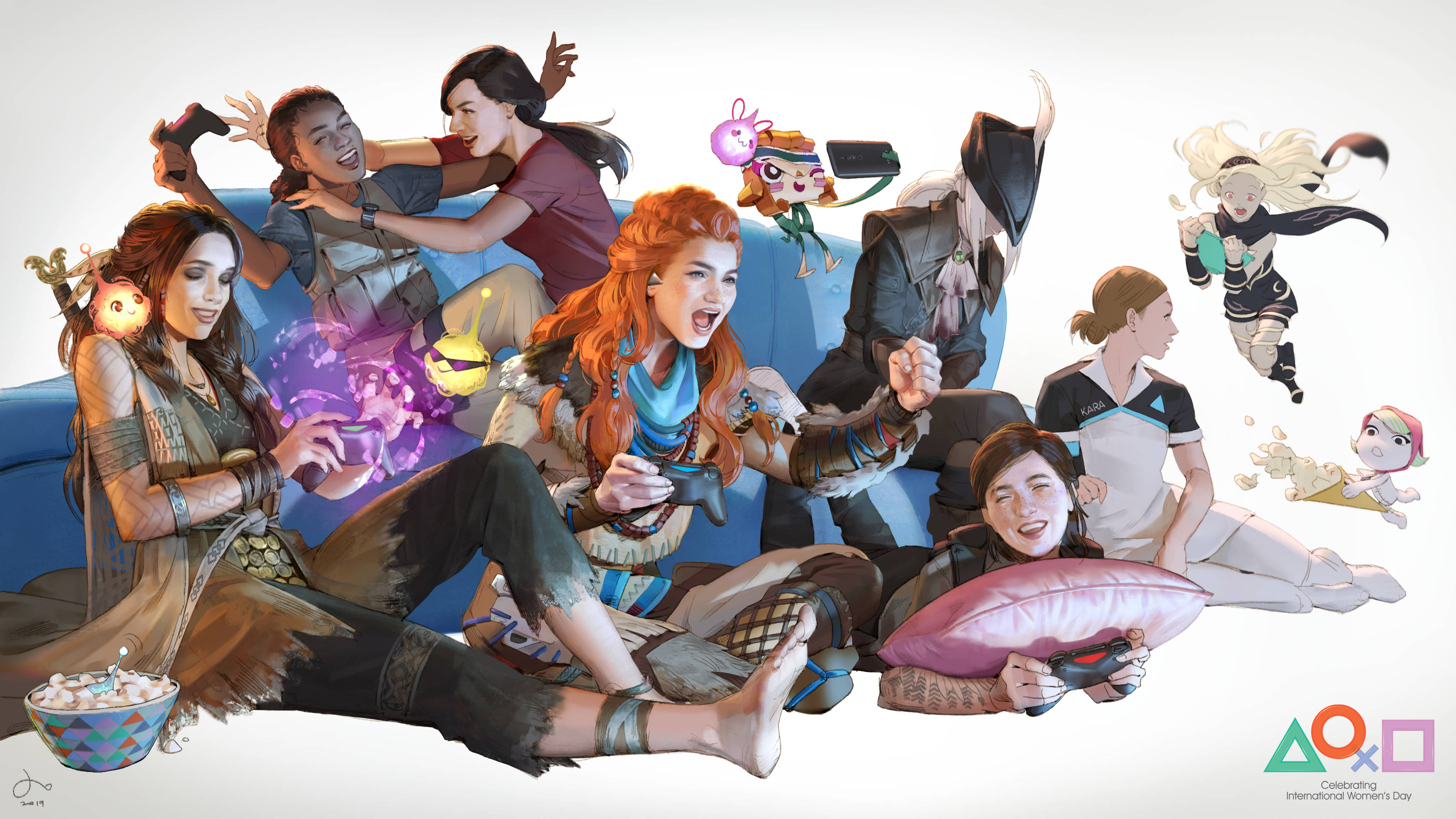 PS4, female characters, blue couch, 4K Desktop Wallpaper