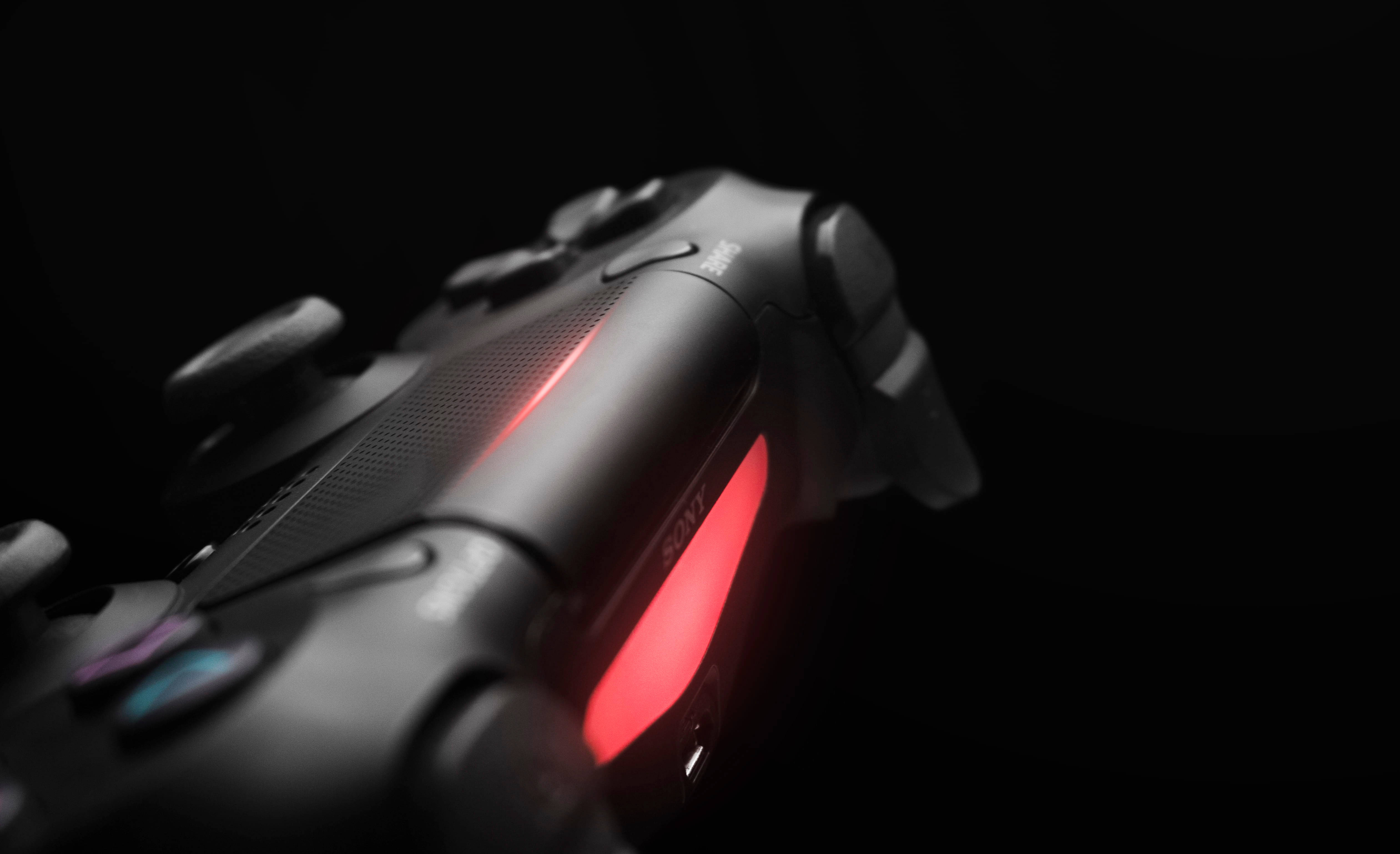 PS4, red lighting controller, sleek black gaming controller, 4K Desktop Wallpaper
