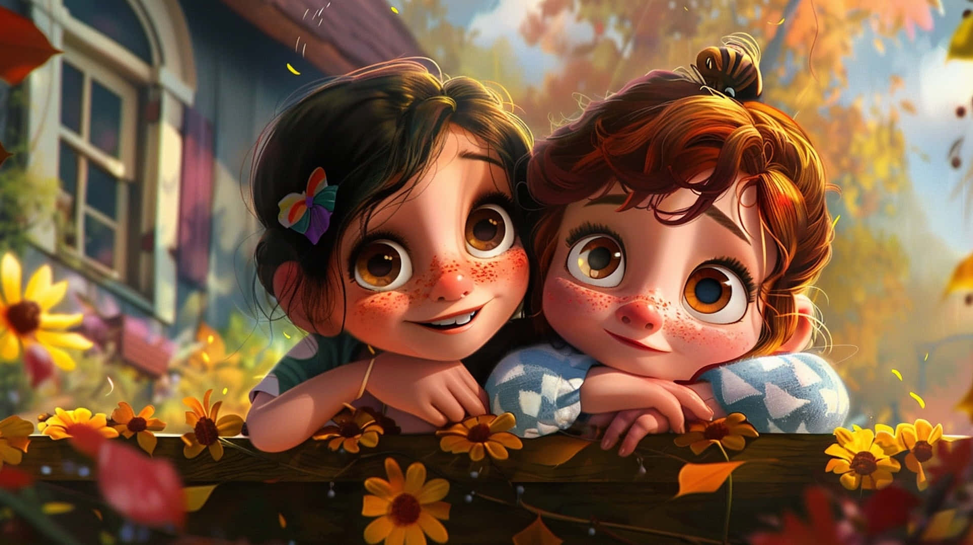 animated best friends forever, freckled children, wooden fence, Full HD Desktop Wallpaper