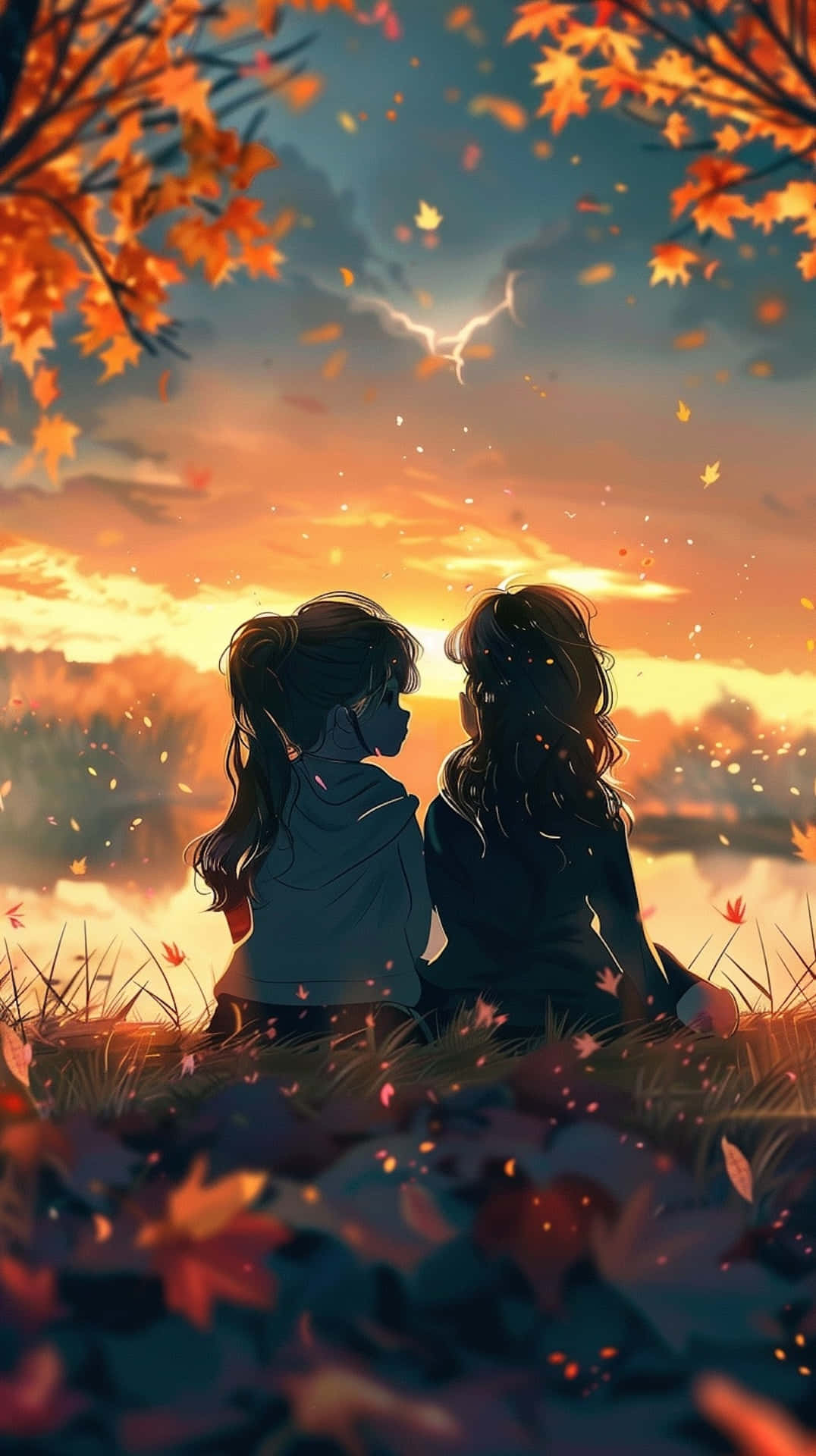 Autumn Twilight Friends, field of falling autumn leaves, warm sunset, Full HD Phone Wallpaper