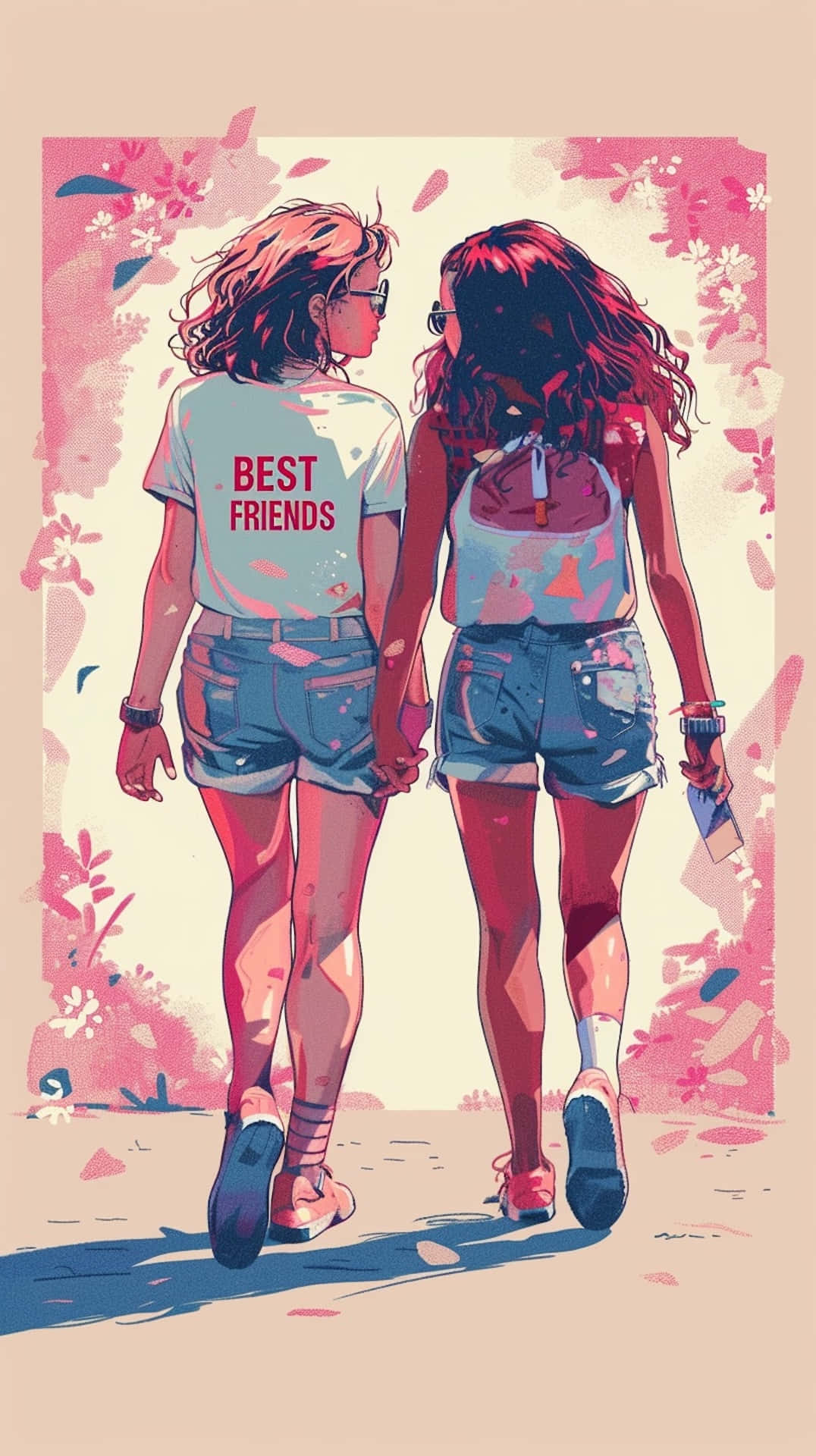 Best Friends Forever Pfp, pink floral splatters, two girls, Full HD Phone Wallpaper