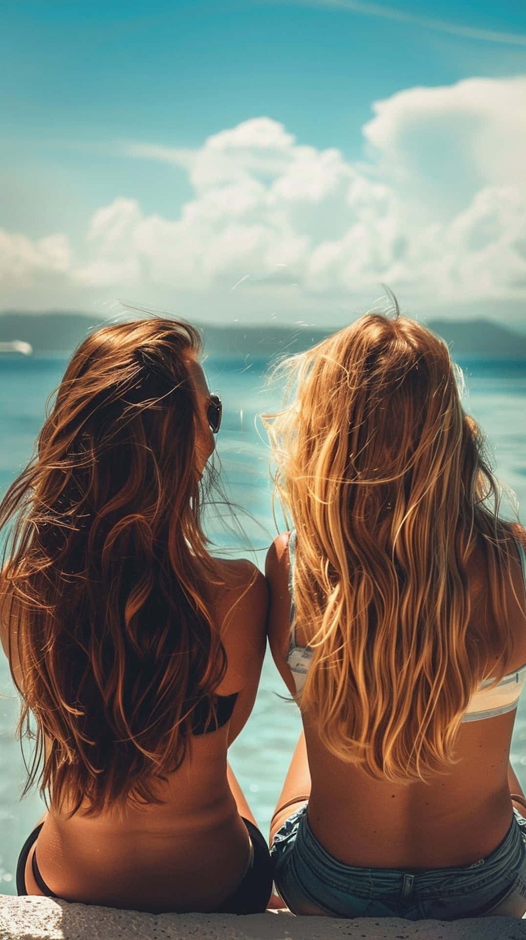 beachside besties, back view, stone ledge, Full HD Phone Wallpaper