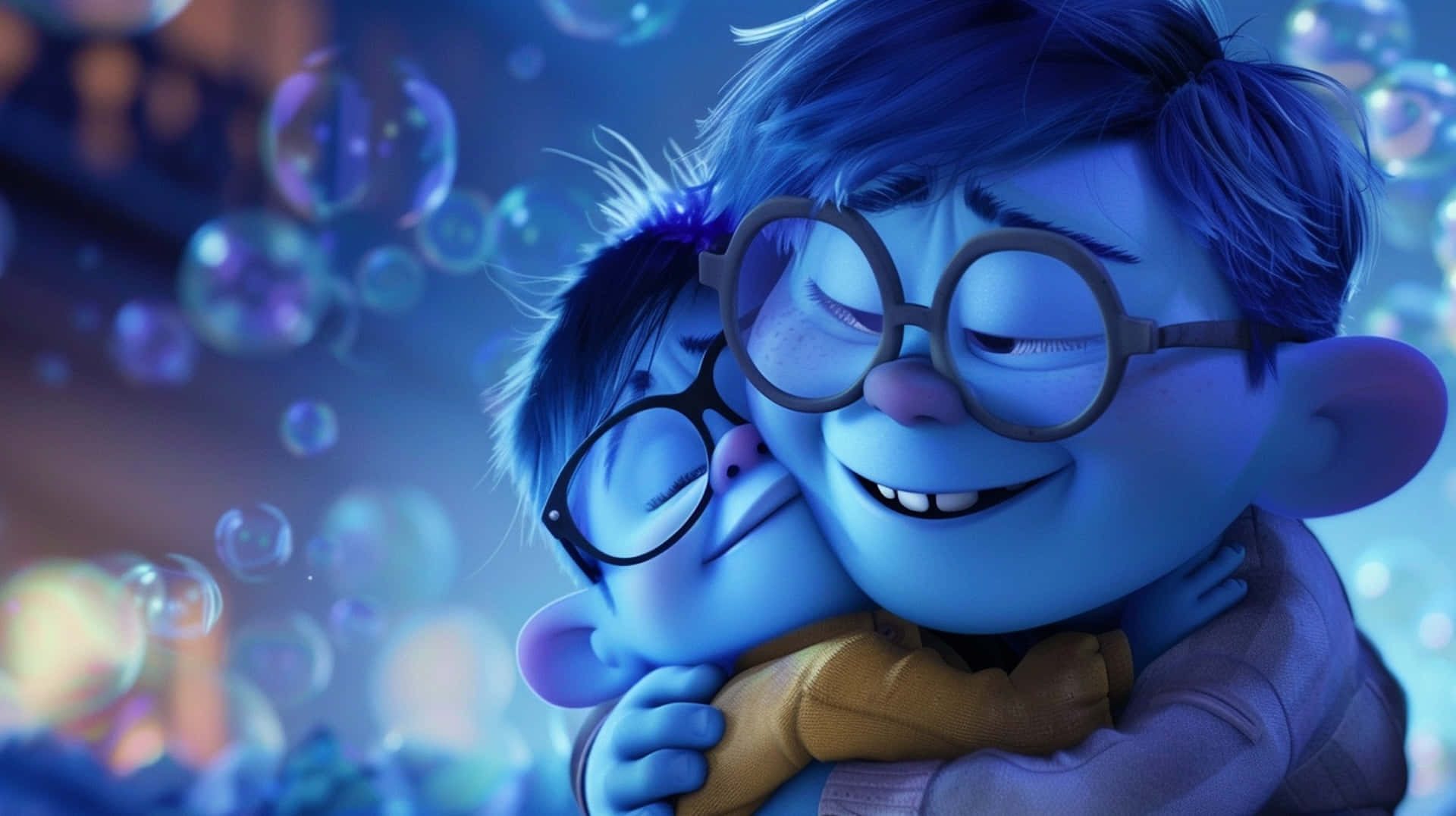 animated best friends hug, blue-toned, iridescent bubbles, Full HD Desktop Wallpaper