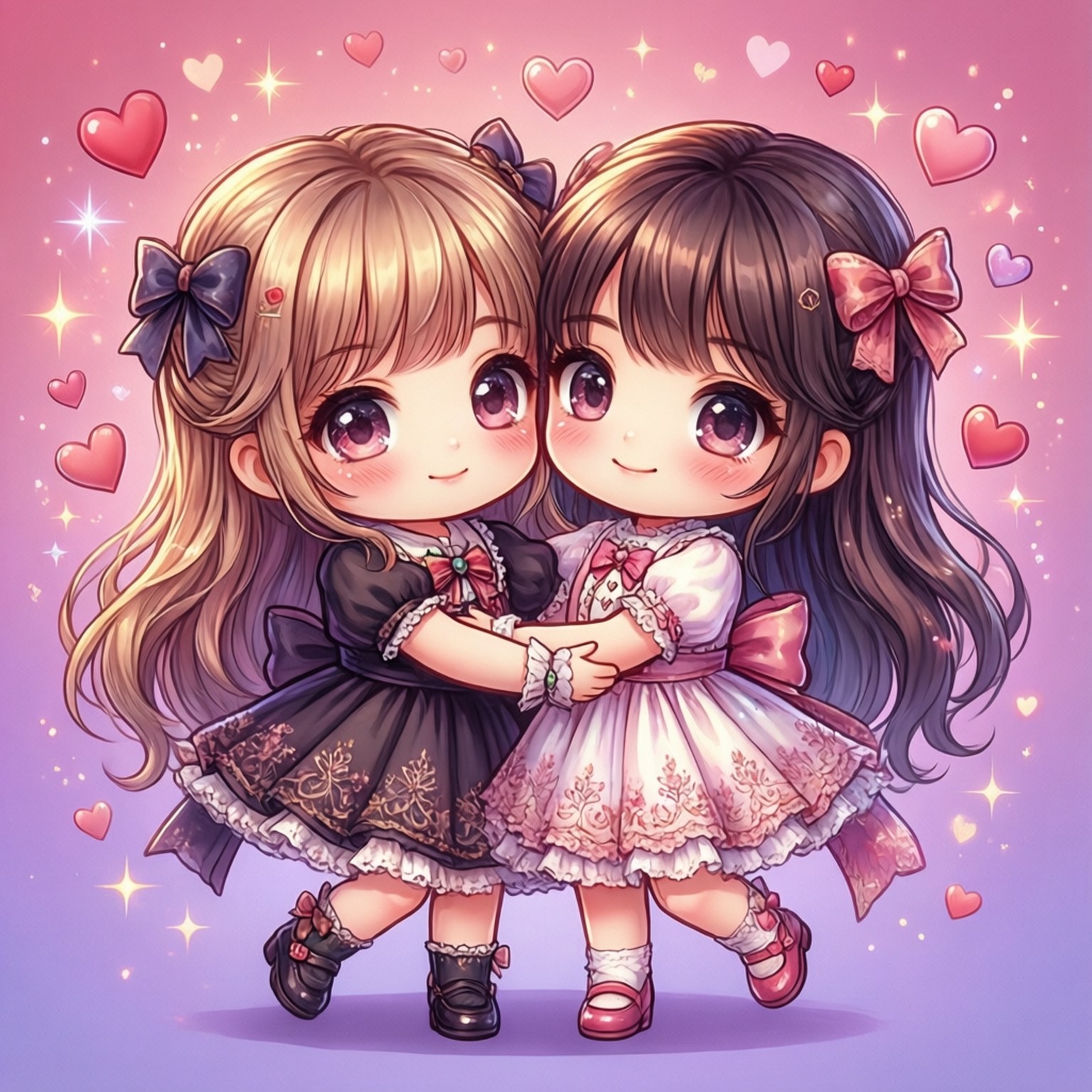 chibi, besties, hearts, HD Desktop Wallpaper