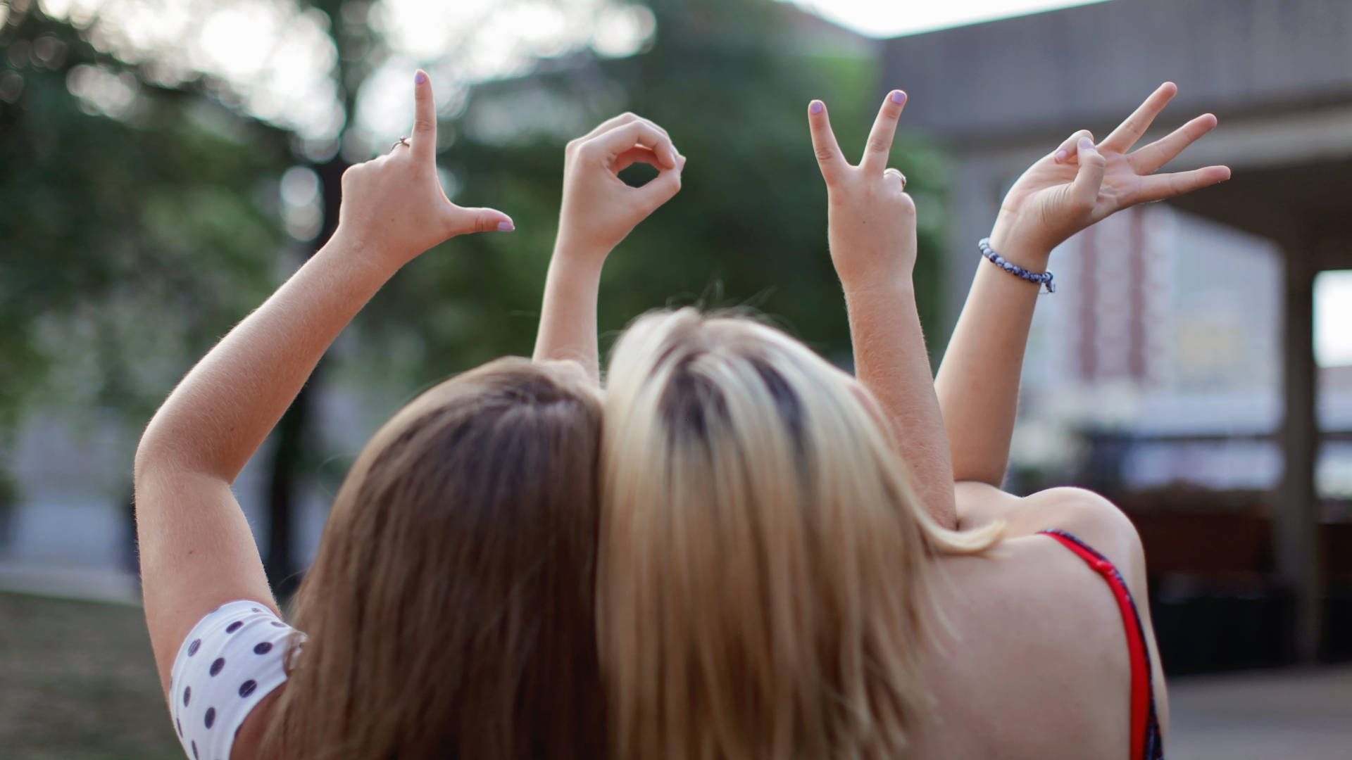 Bestie Love Fingers, two young women, raised arms, Full HD Desktop Wallpaper