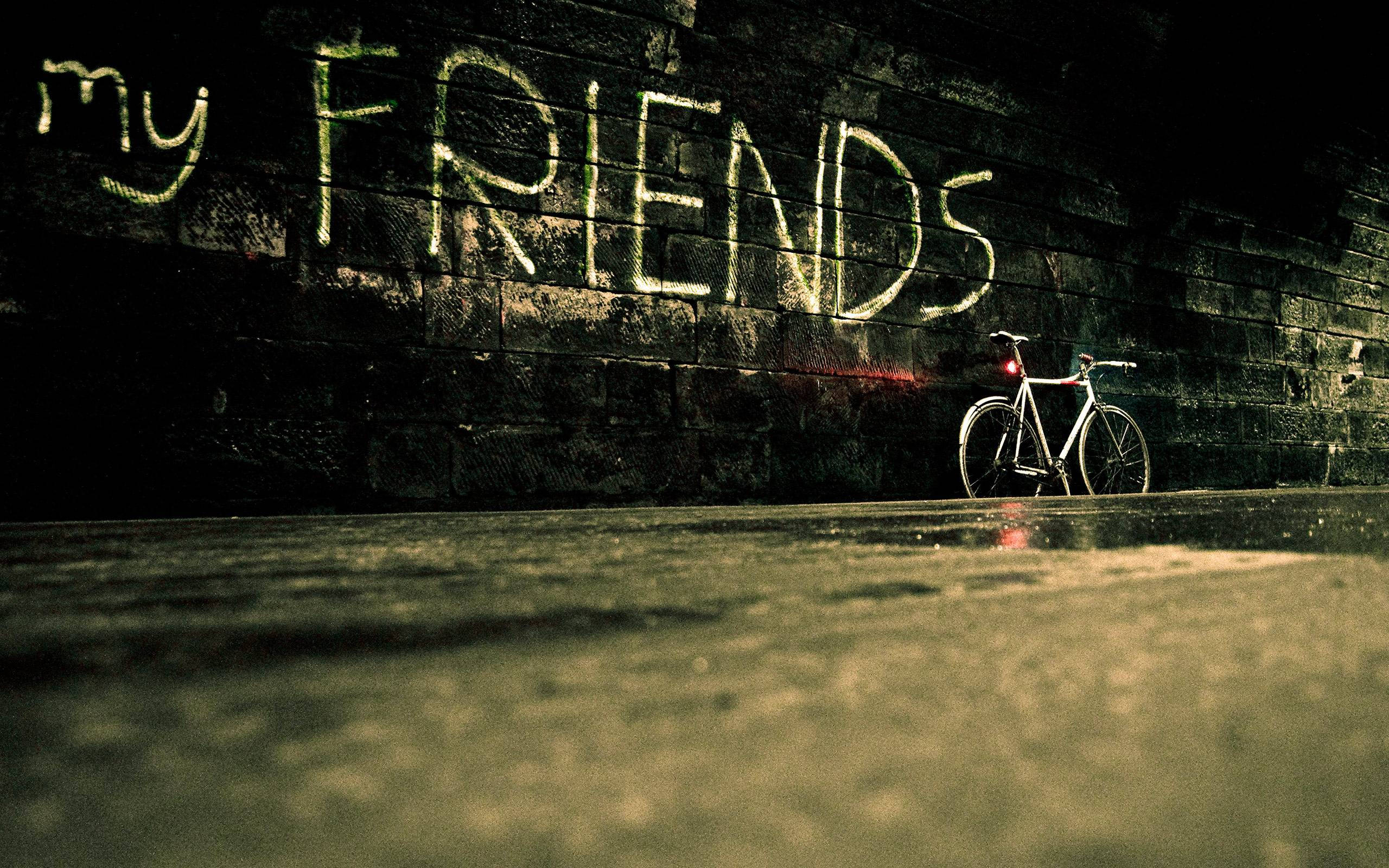 white bicycle, brick wall, glowing yellow graffiti, 2K Desktop Wallpaper