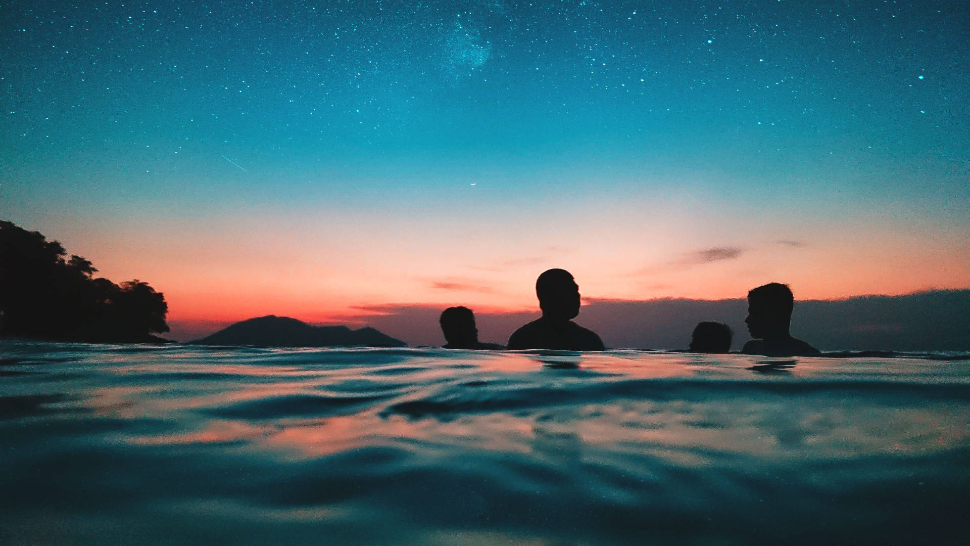 Besties Silhouette In Pool, starry twilight sky, orange and blue gradients, Full HD Desktop Wallpaper