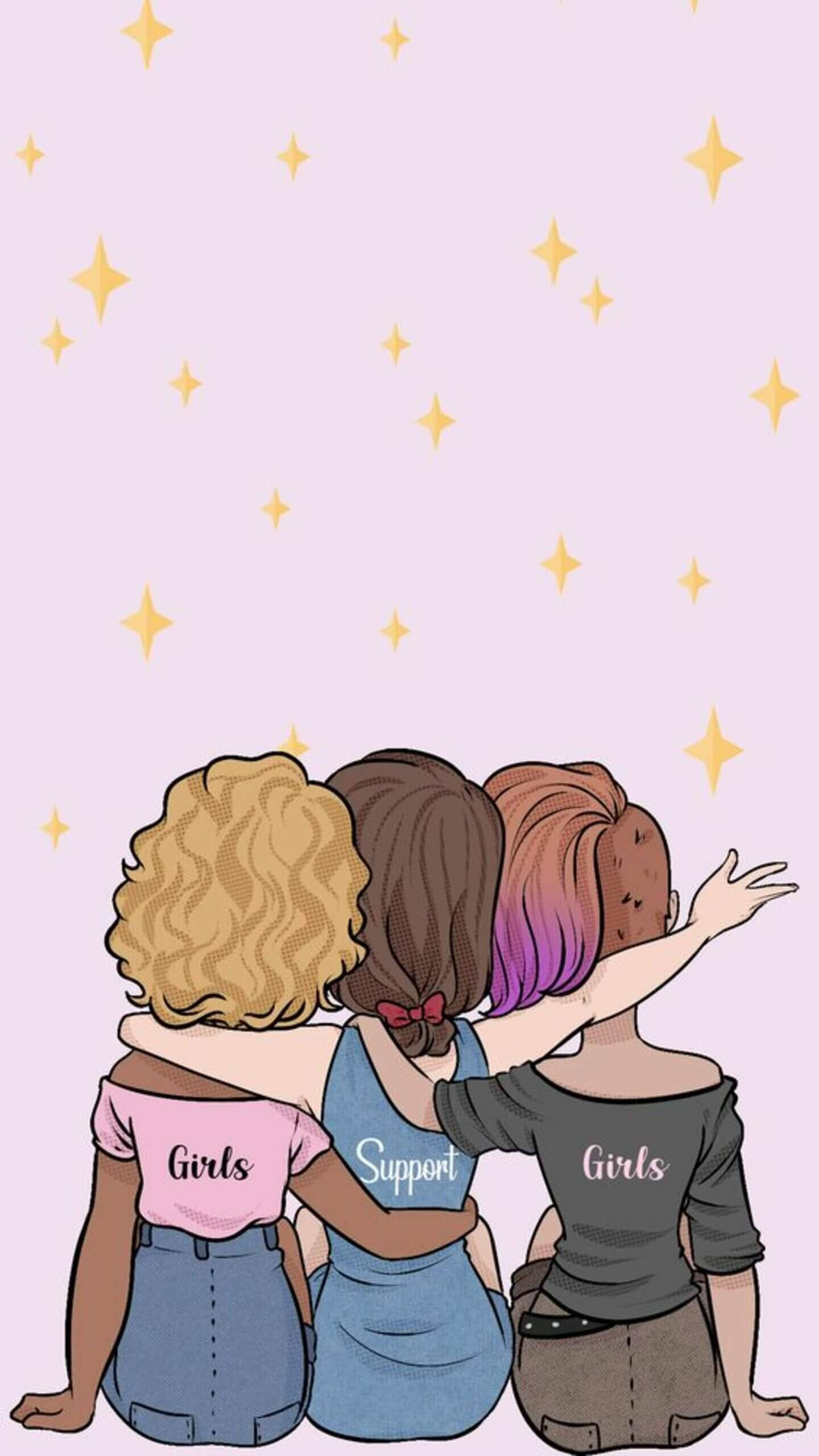 Bestie, girls, golden stars, 2K Phone Wallpaper