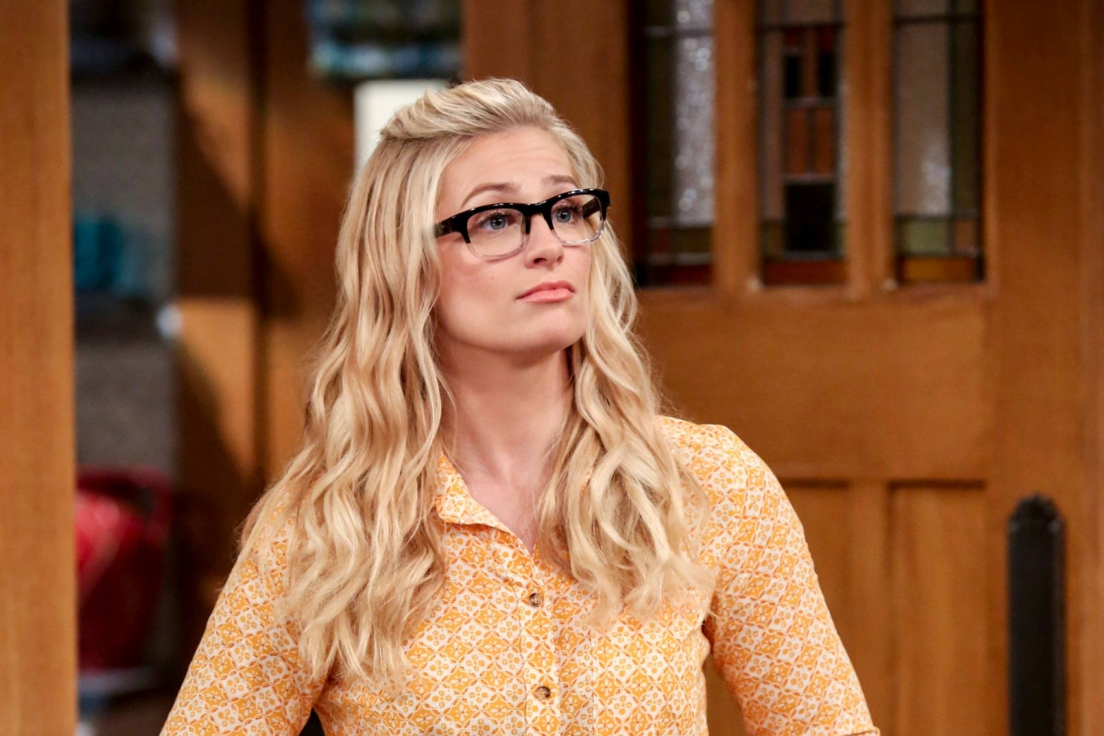 Beth Behrs, blonde woman, glasses, Full HD Desktop Wallpaper