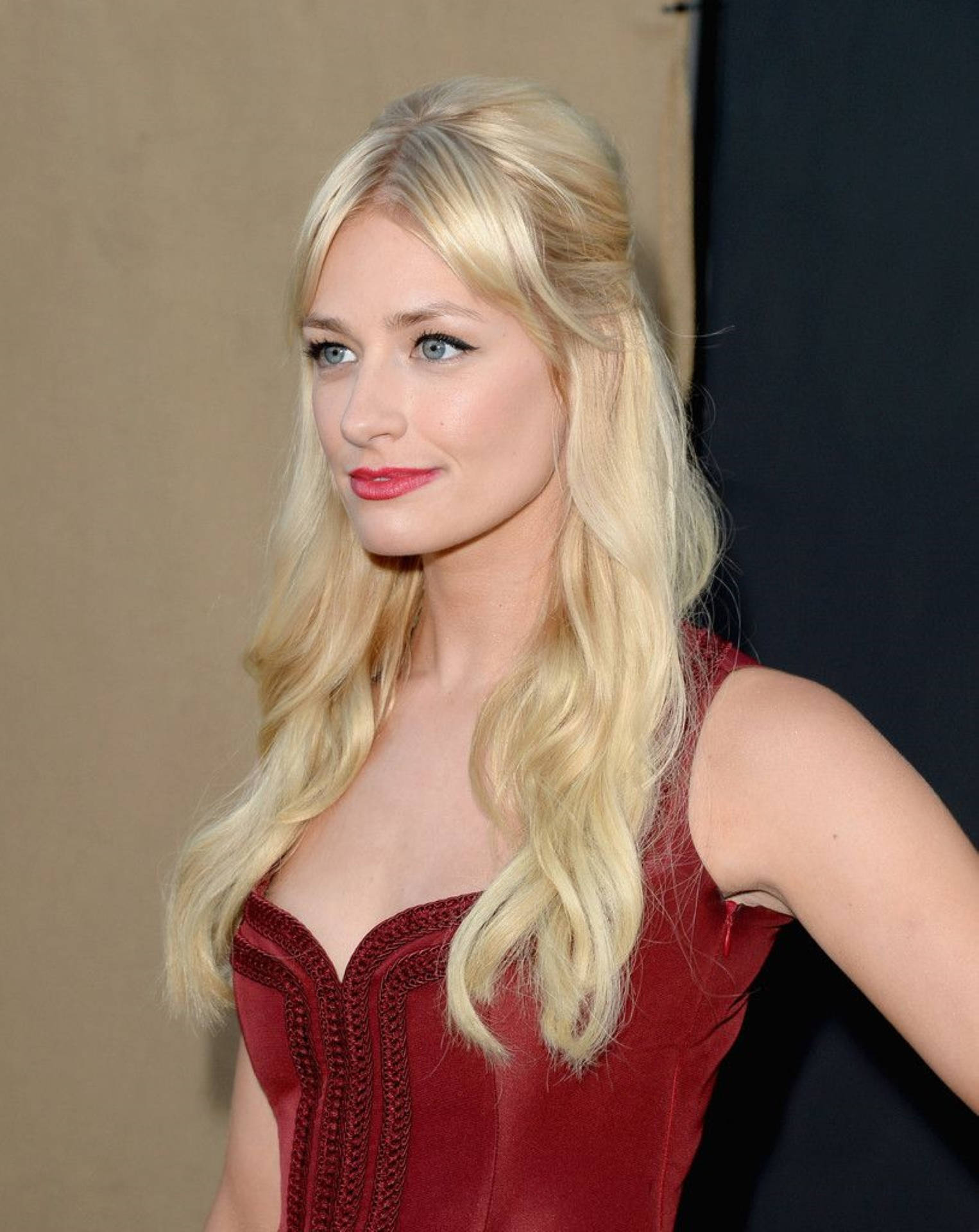 Beth Behrs, red corset-style dress, wavy hair, Full HD Phone Wallpaper