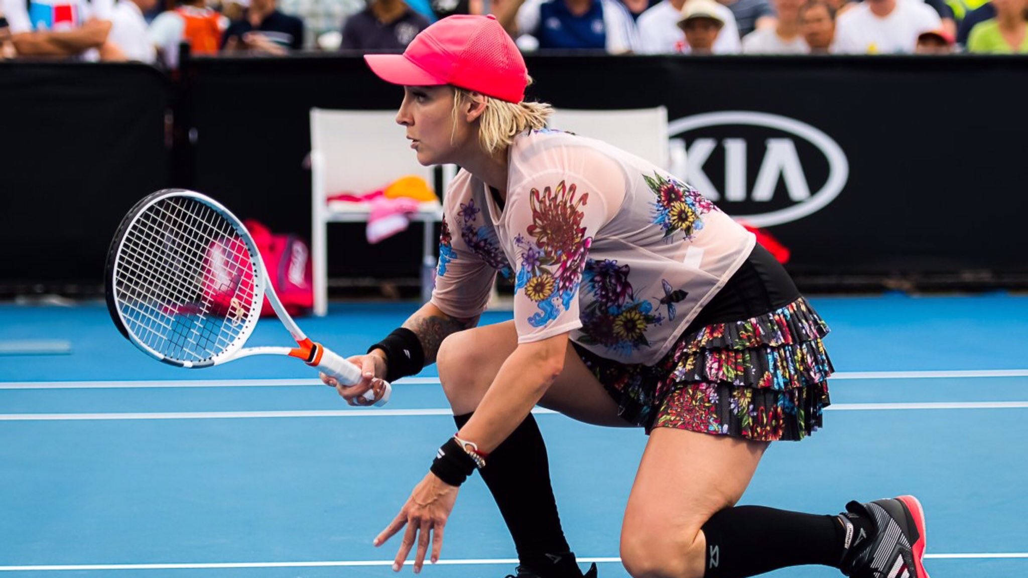 Bethanie Mattek-sands, floral outfit, blue court, Full HD Desktop Wallpaper