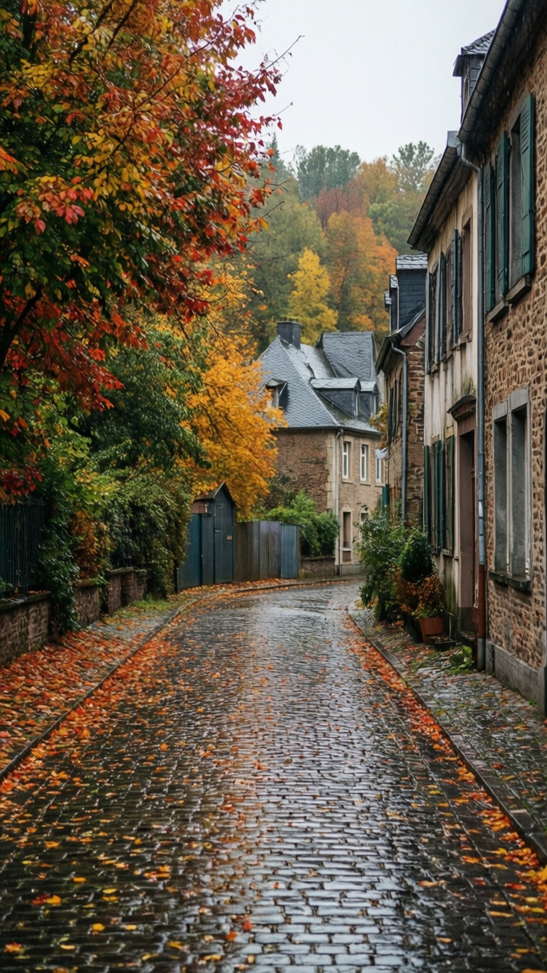 Bettembourg, cobblestone street, autumn rain, Full HD Phone Wallpaper
