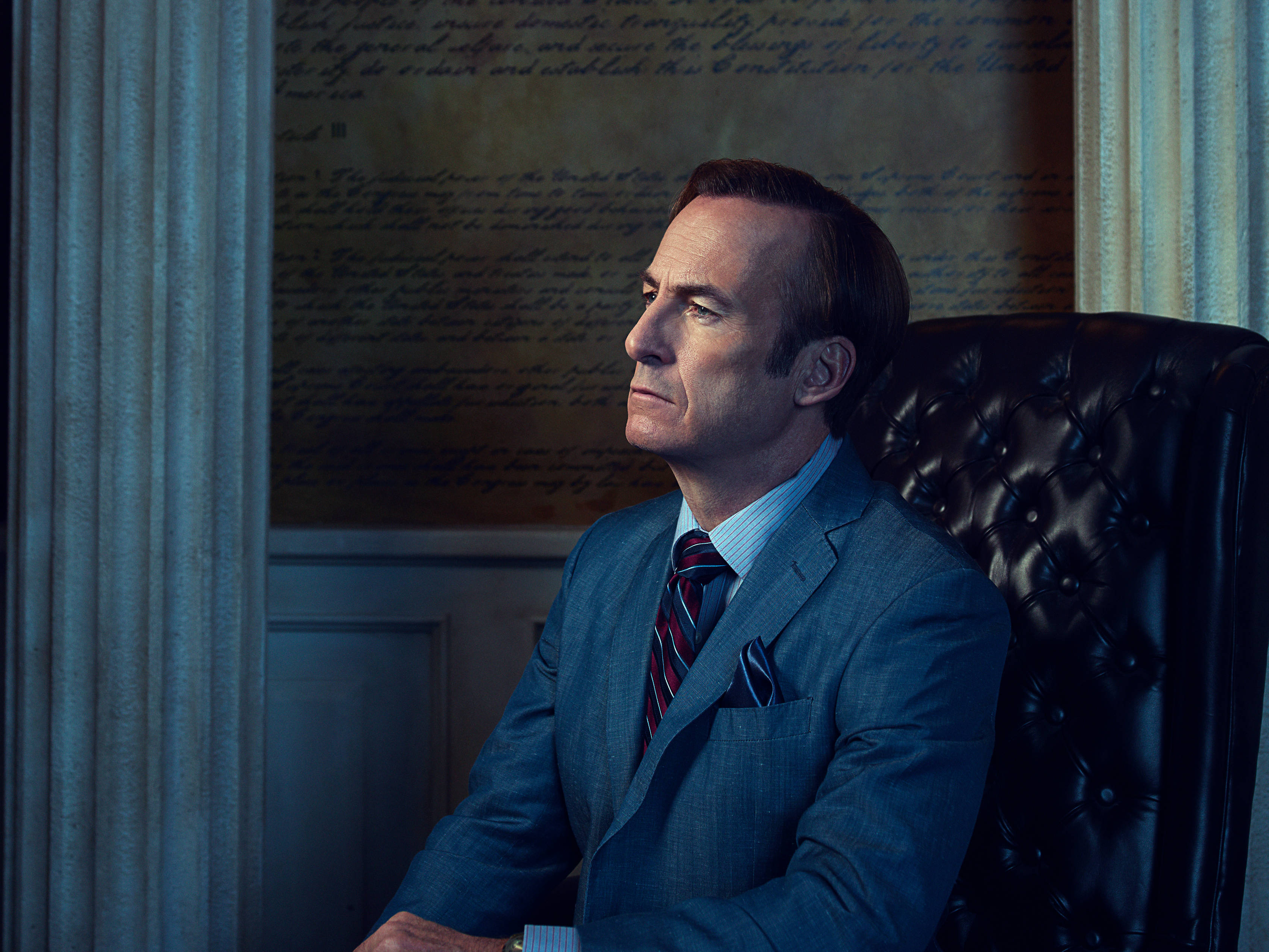 Better Call Saul, office chair, blue suit, 2K Desktop Wallpaper