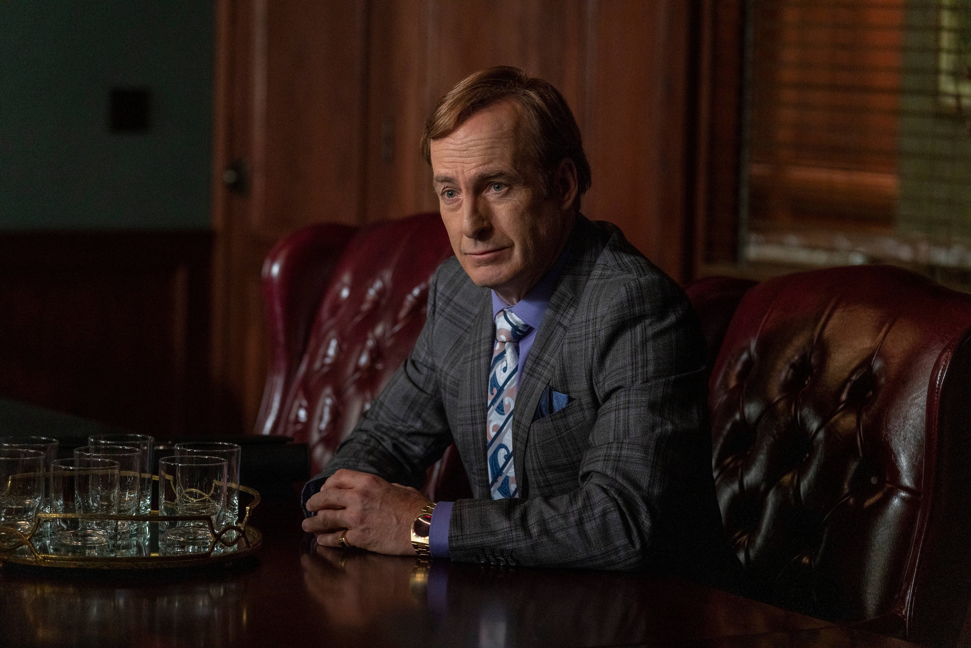 Better Call Saul, gray plaid suit, polished wooden table, 4K Desktop Wallpaper