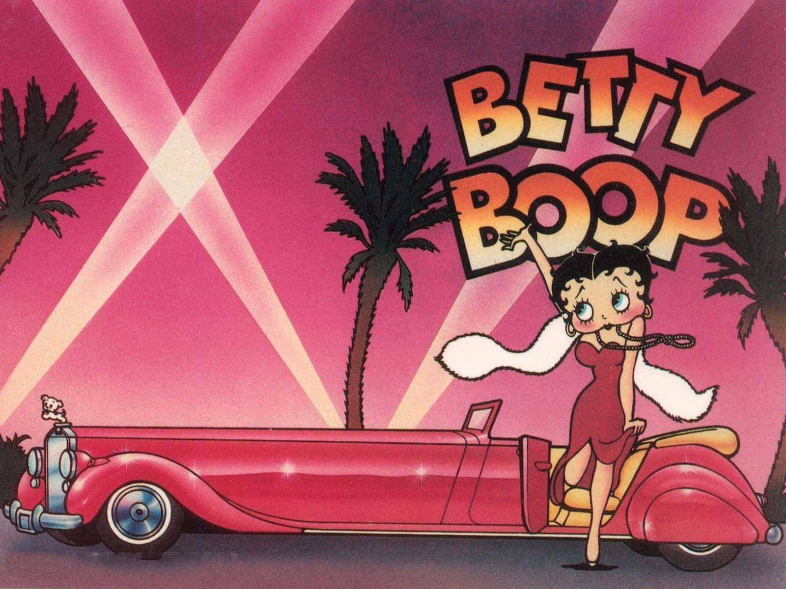 Betty Boop, red convertible, pink neon lights, HD Desktop Wallpaper